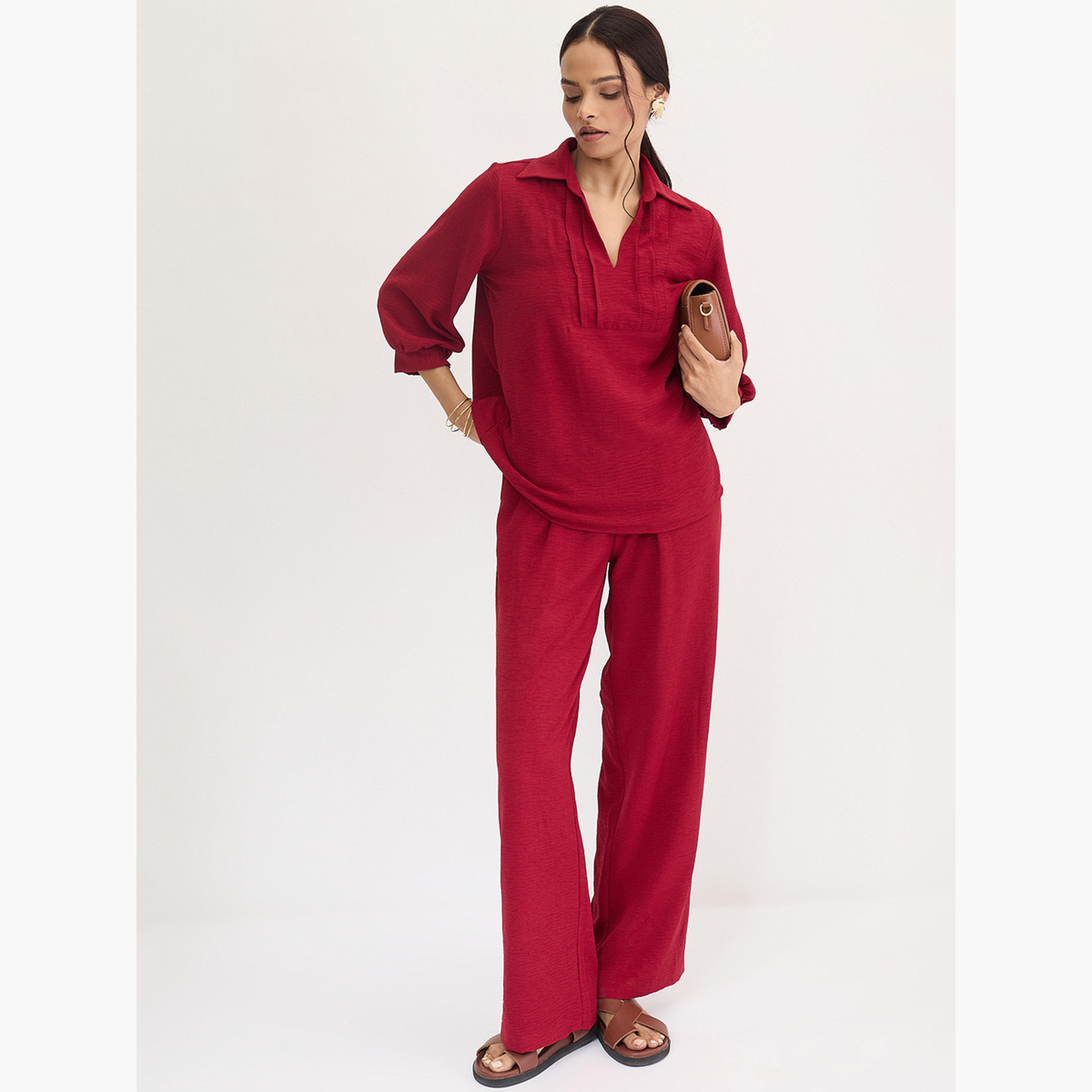 فيميلا - قميص وبنطال لون عنابي مع تفاصيل كشكشة وياقة-women-clothing-coordsets-image-5