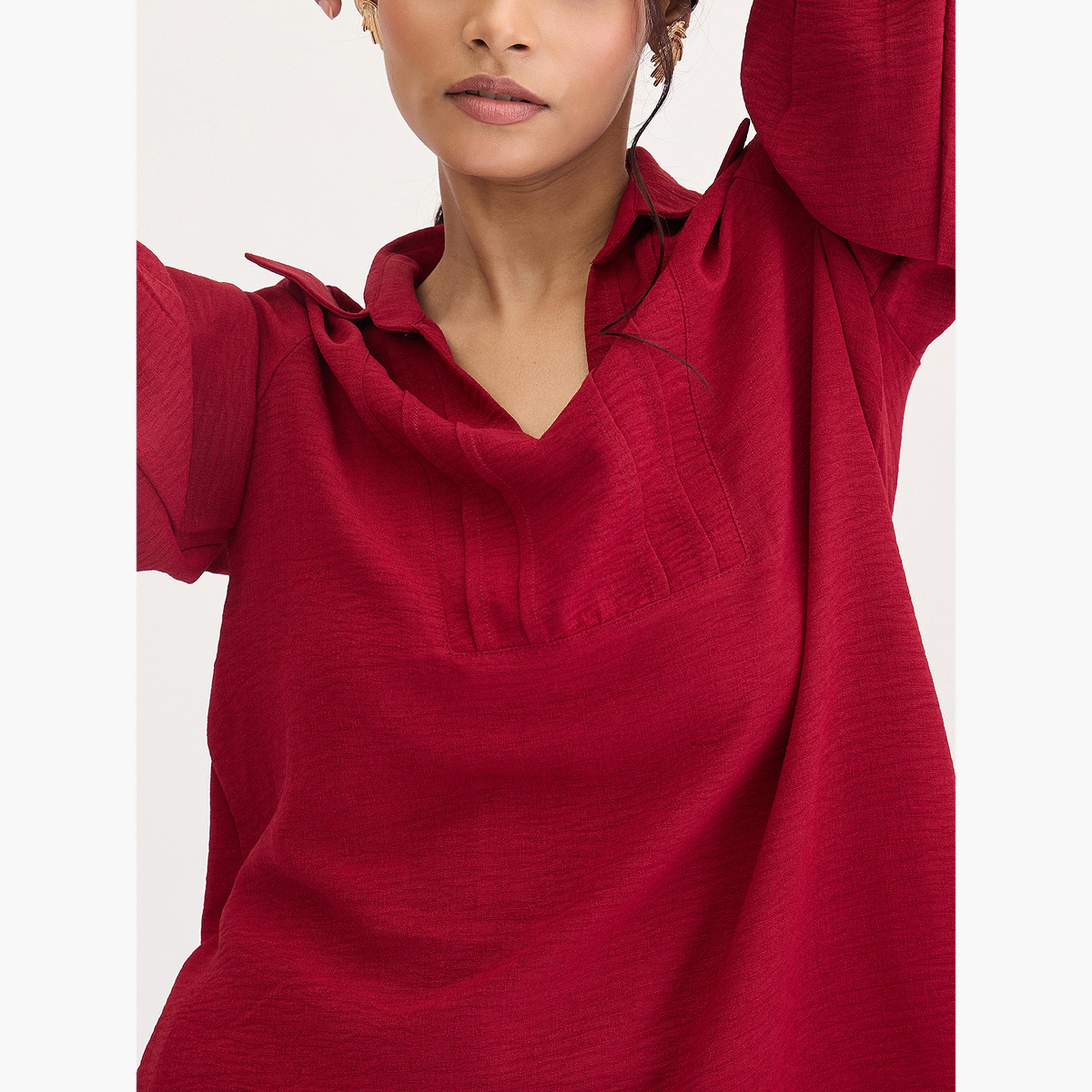 فيميلا - قميص وبنطال لون عنابي مع تفاصيل كشكشة وياقة-women-clothing-coordsets-image-6