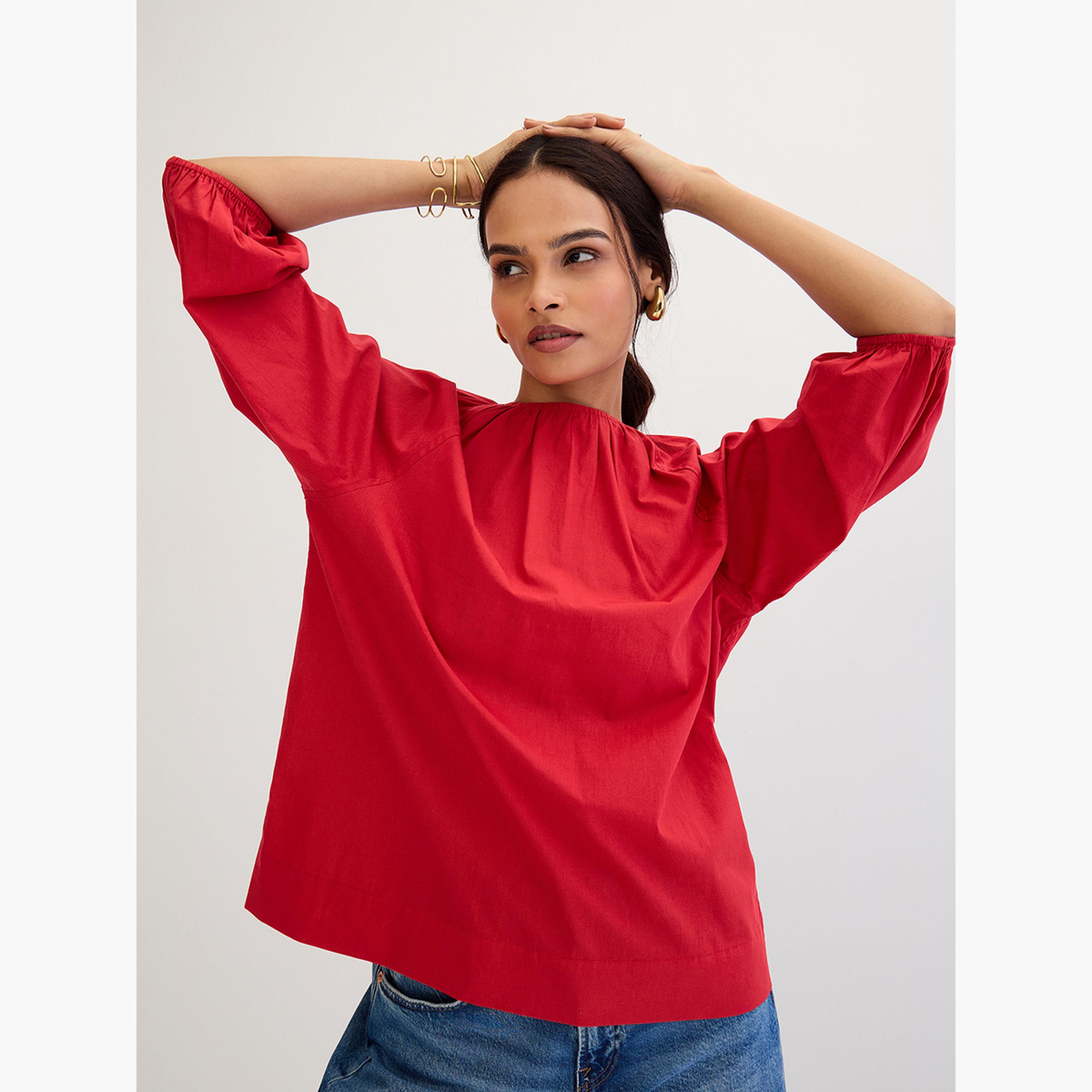 فيميلا - بلوزة من قماش البوبلين الأحمر برباط خلفي-women-clothing-shirtsandblouses-blouses-image-5