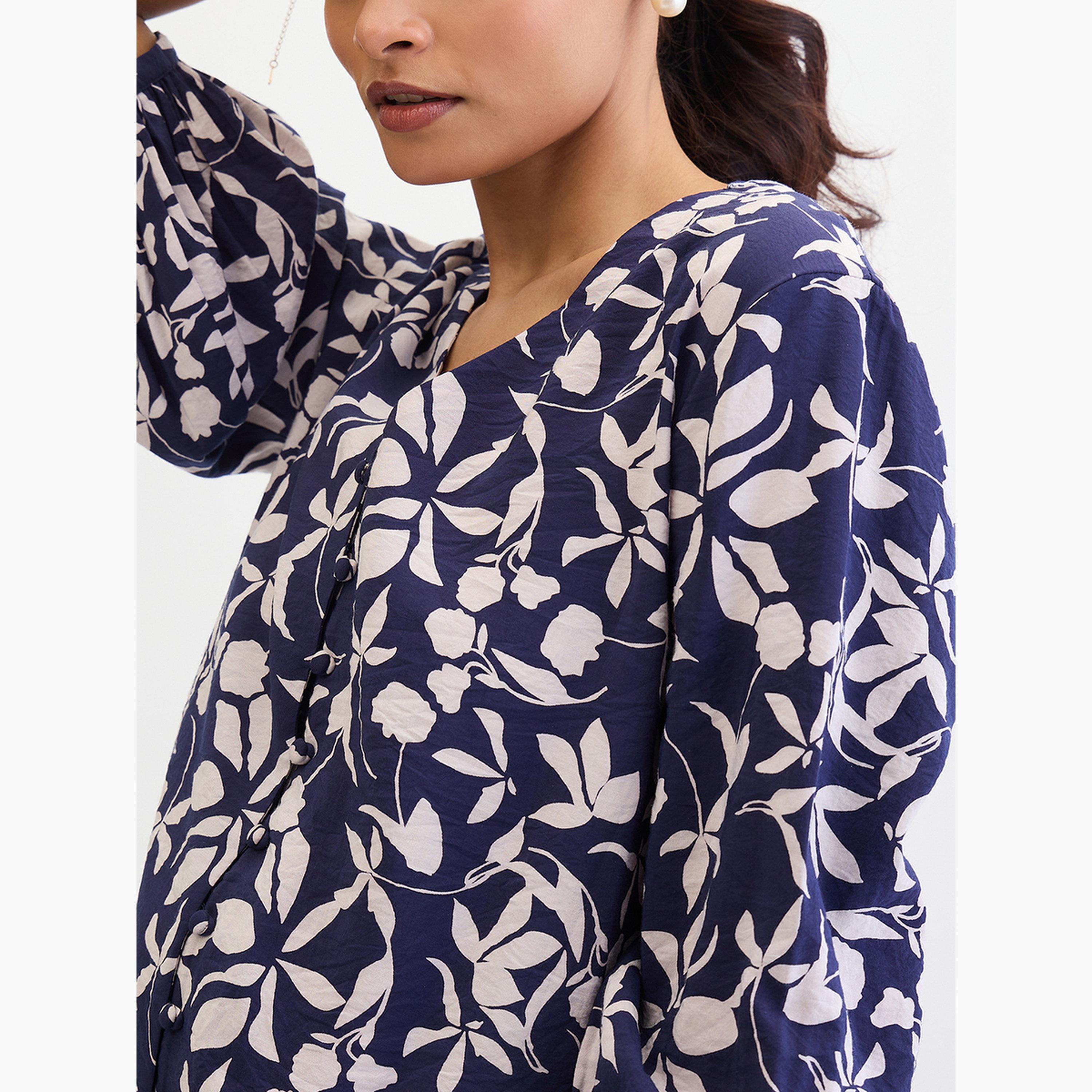 فيميلا - بلوزة زرقاء داكنة بطبعة زهور وأزرار-women-clothing-shirtsandblouses-blouses-image-6