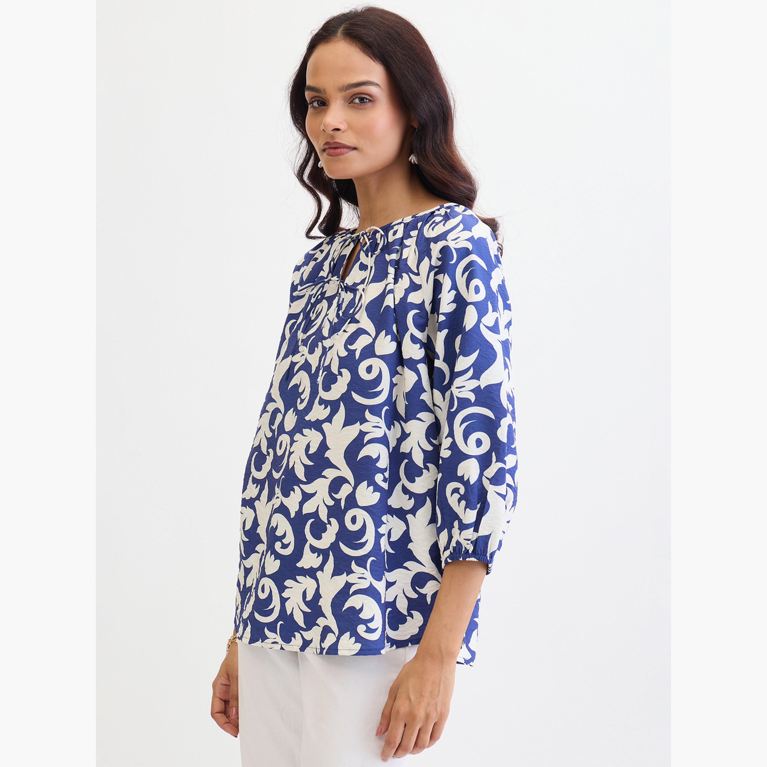 فيميلا - بلوزة قصّة مريحة وطبعة كاملة لون أزرق-women-clothing-shirtsandblouses-blouses-image-3