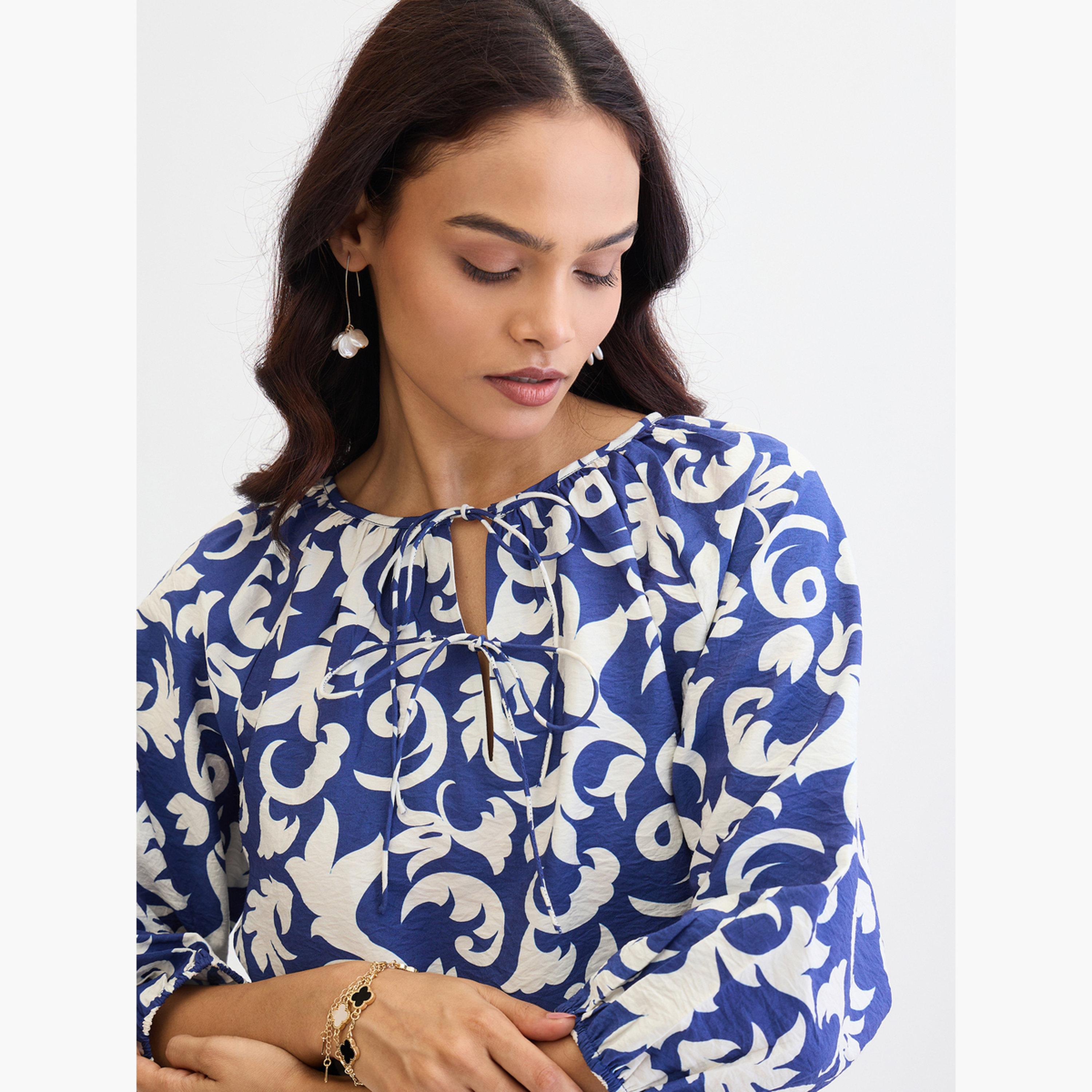 فيميلا - بلوزة قصّة مريحة وطبعة كاملة لون أزرق-women-clothing-shirtsandblouses-blouses-image-4