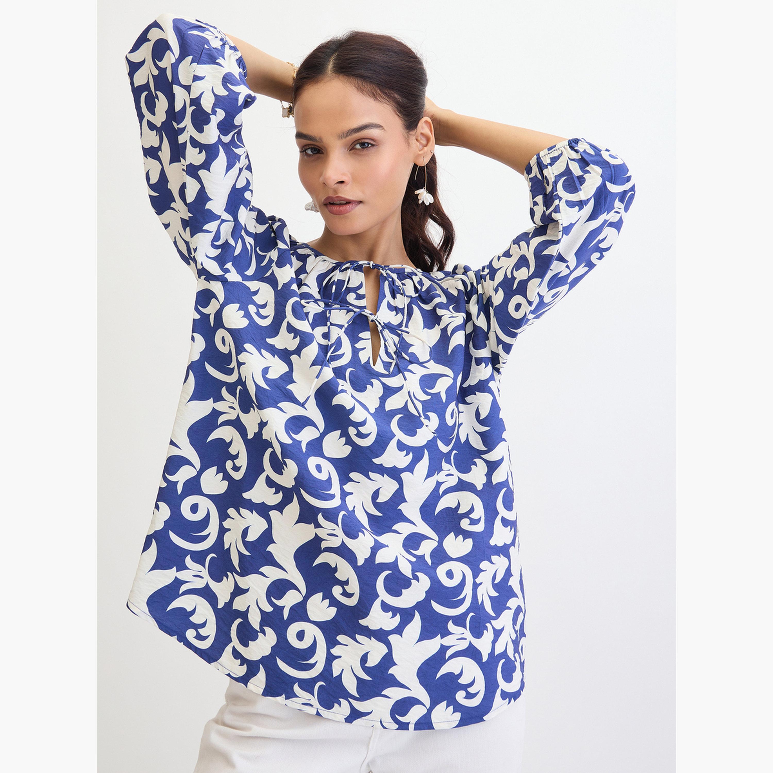 فيميلا - بلوزة قصّة مريحة وطبعة كاملة لون أزرق-women-clothing-shirtsandblouses-blouses-image-6