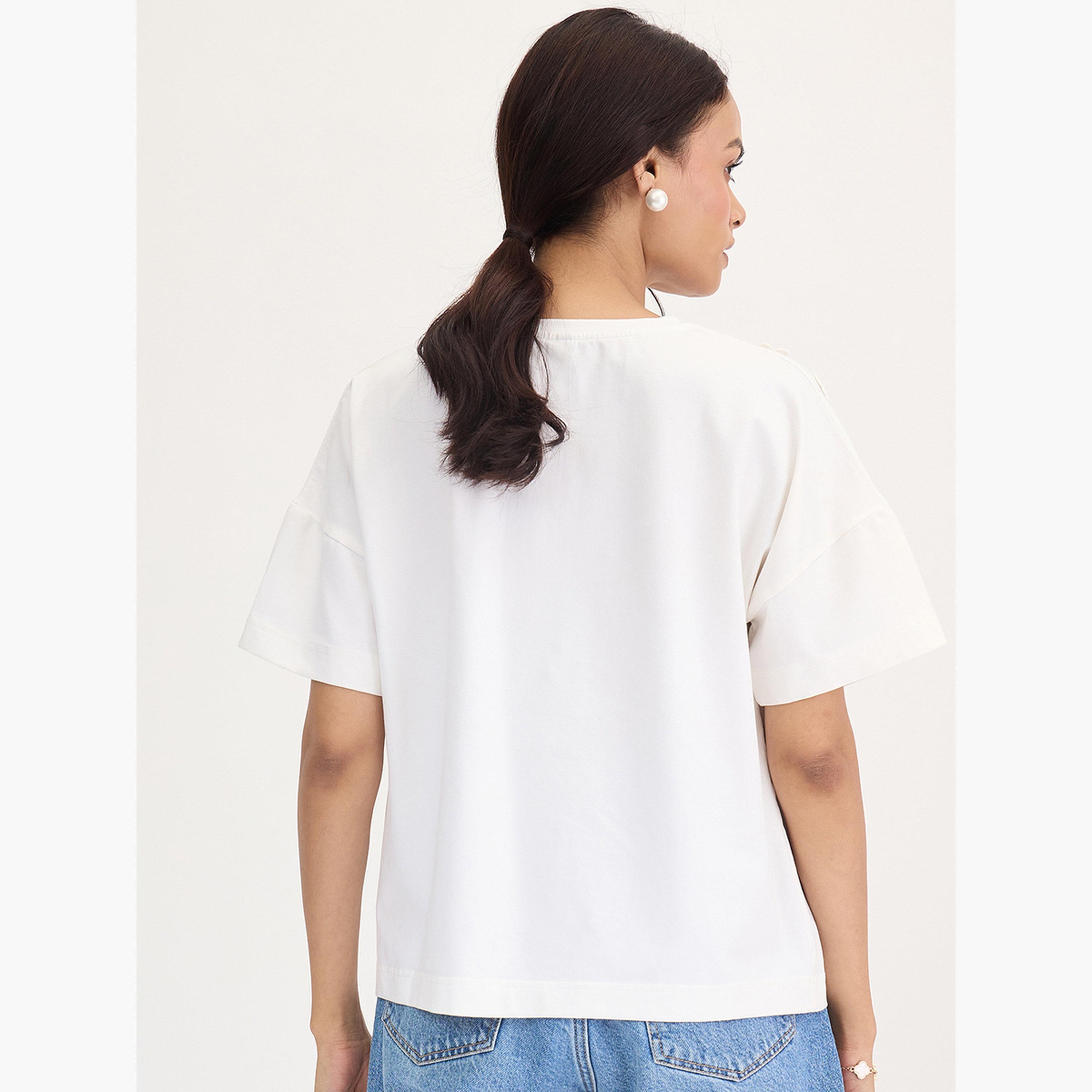 Femmella White Flower Patch Detail T-Shirt-women-clothing-tshirts-image-2