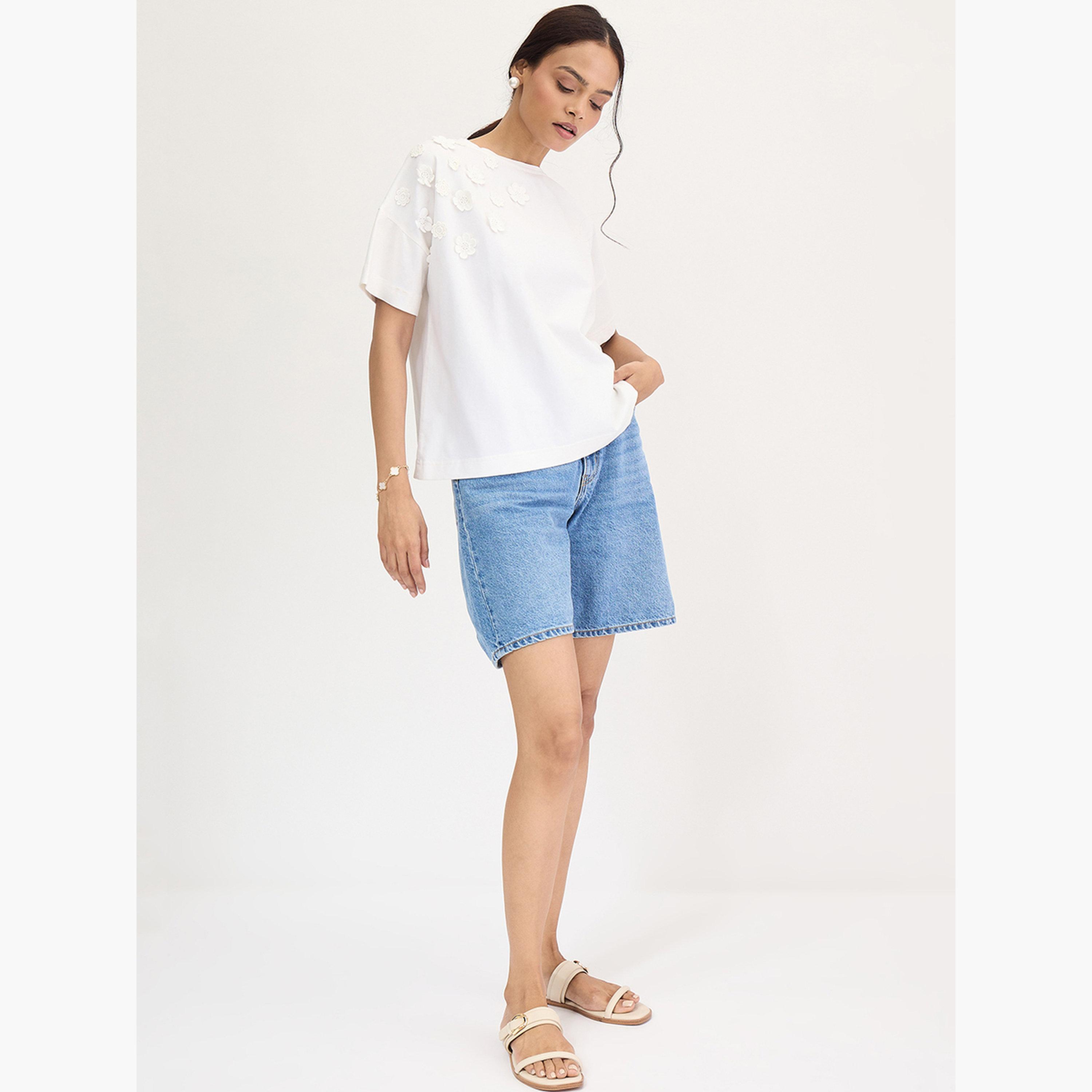 Femmella White Flower Patch Detail T-Shirt-women-clothing-tshirts-image-5