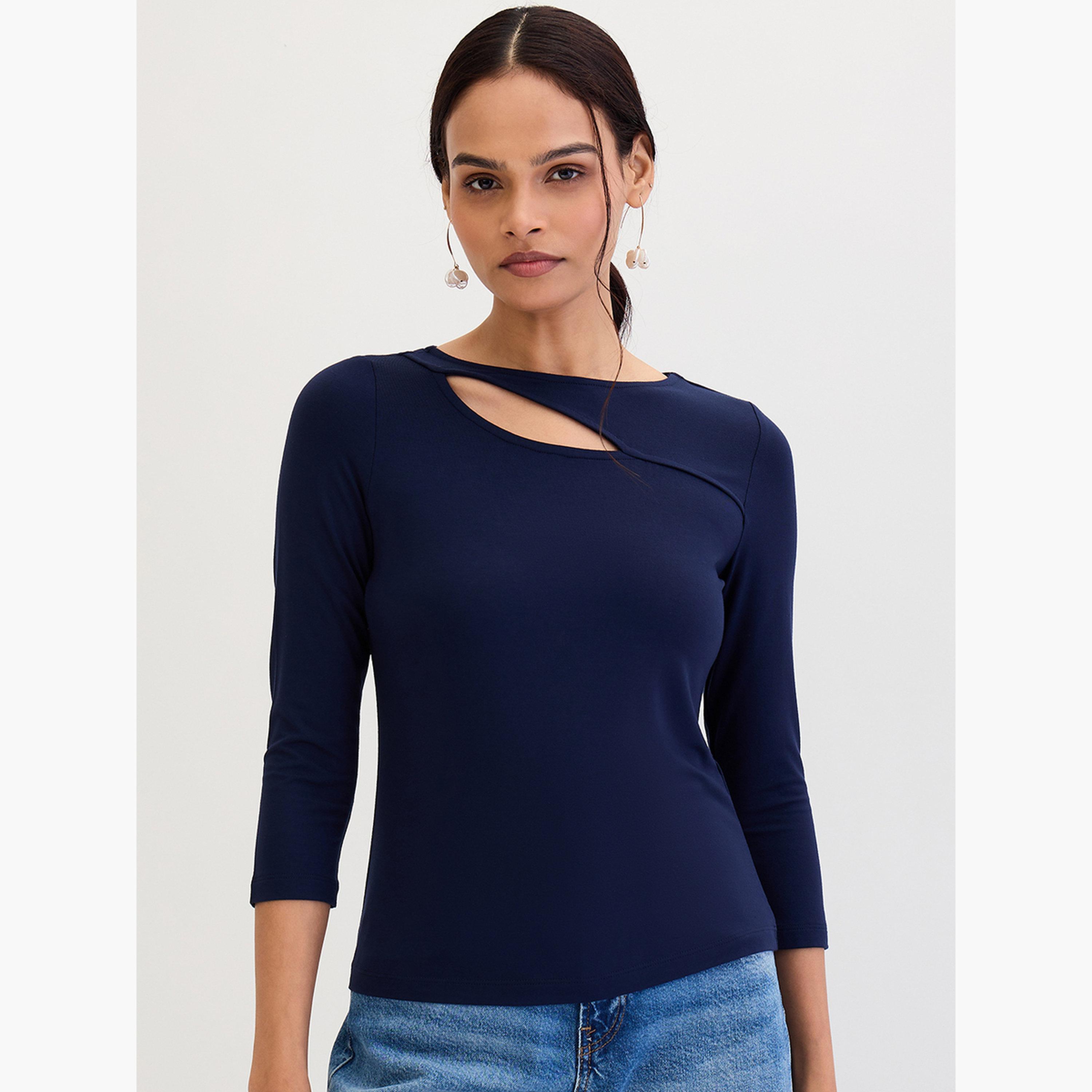 فيميلا - بلوزة محبوكة بفتحات مودال لون أزرق الداكن-women-clothing-tshirts-image-1
