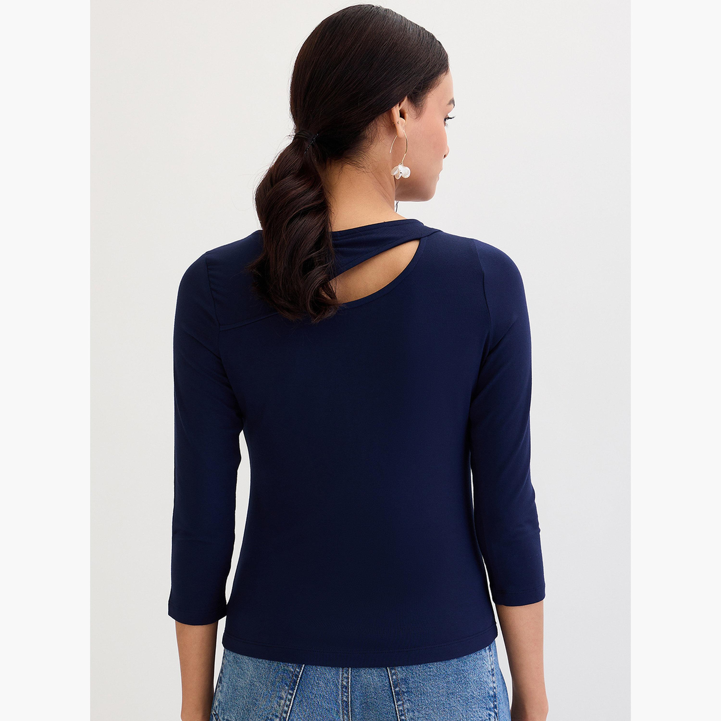 فيميلا - بلوزة محبوكة بفتحات مودال لون أزرق الداكن-women-clothing-tshirts-image-2