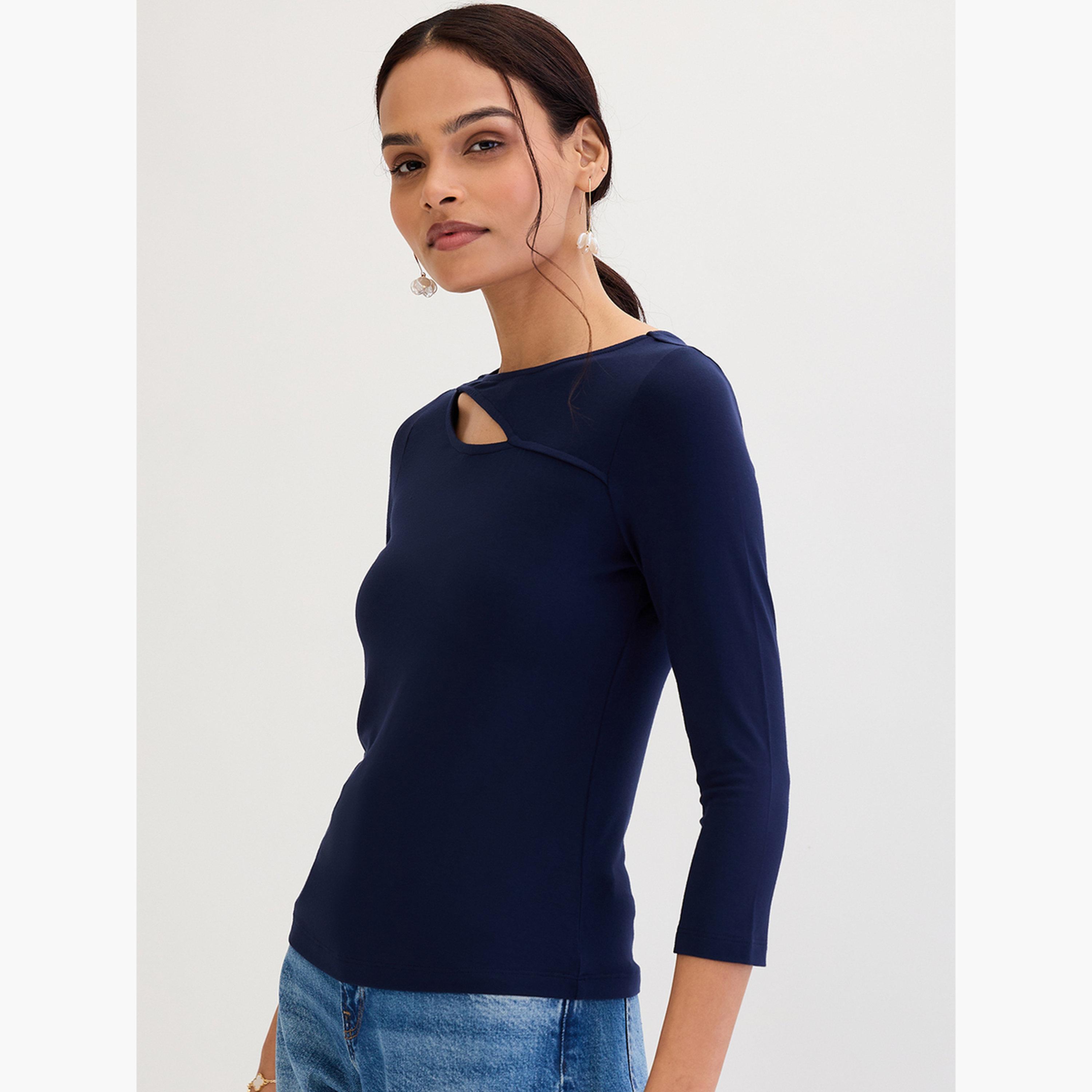 فيميلا - بلوزة محبوكة بفتحات مودال لون أزرق الداكن-women-clothing-tshirts-image-3