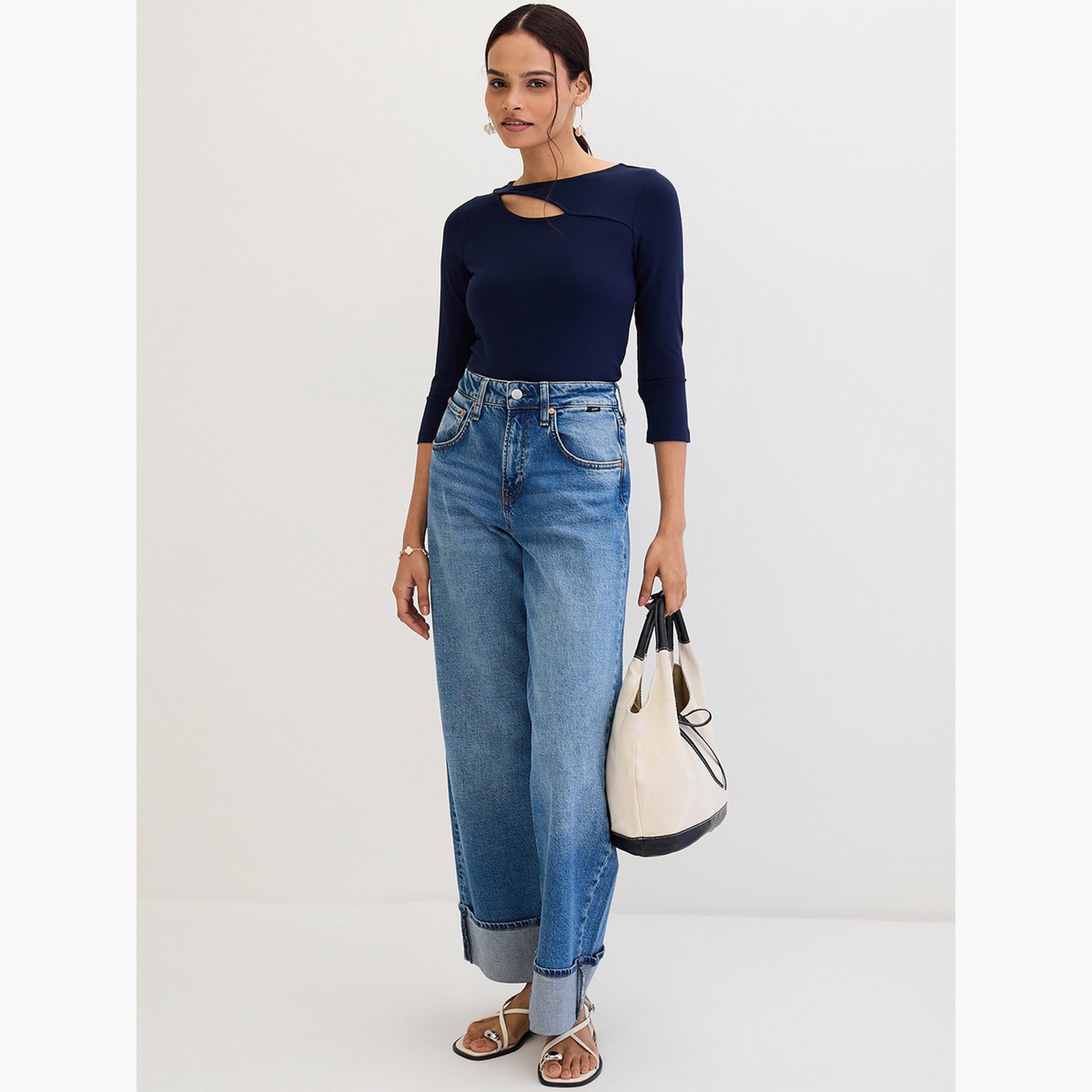فيميلا - بلوزة محبوكة بفتحات مودال لون أزرق الداكن-women-clothing-tshirts-image-5
