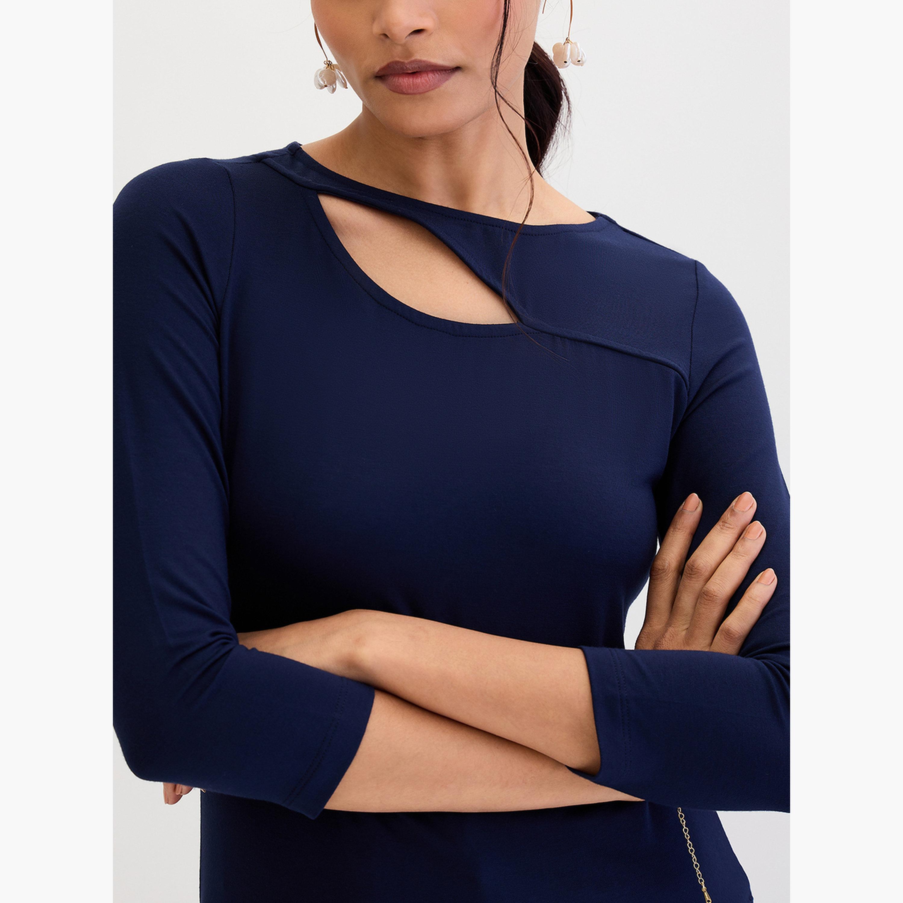 فيميلا - بلوزة محبوكة بفتحات مودال لون أزرق الداكن-women-clothing-tshirts-image-6