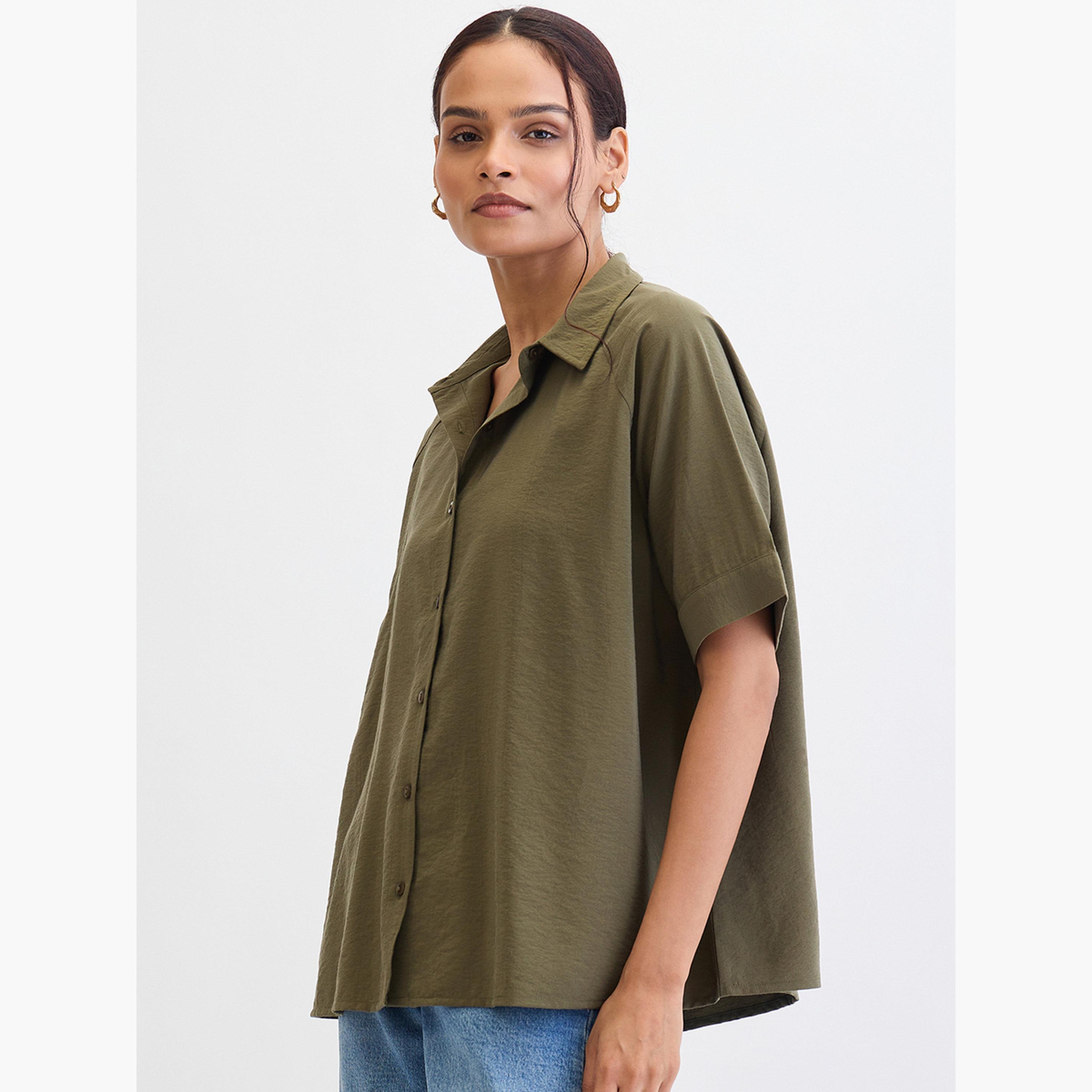 فيميلا - قميص زيتوني بأكمام راجلان كبيرة الحجم-women-clothing-shirtsandblouses-shirts-image-3