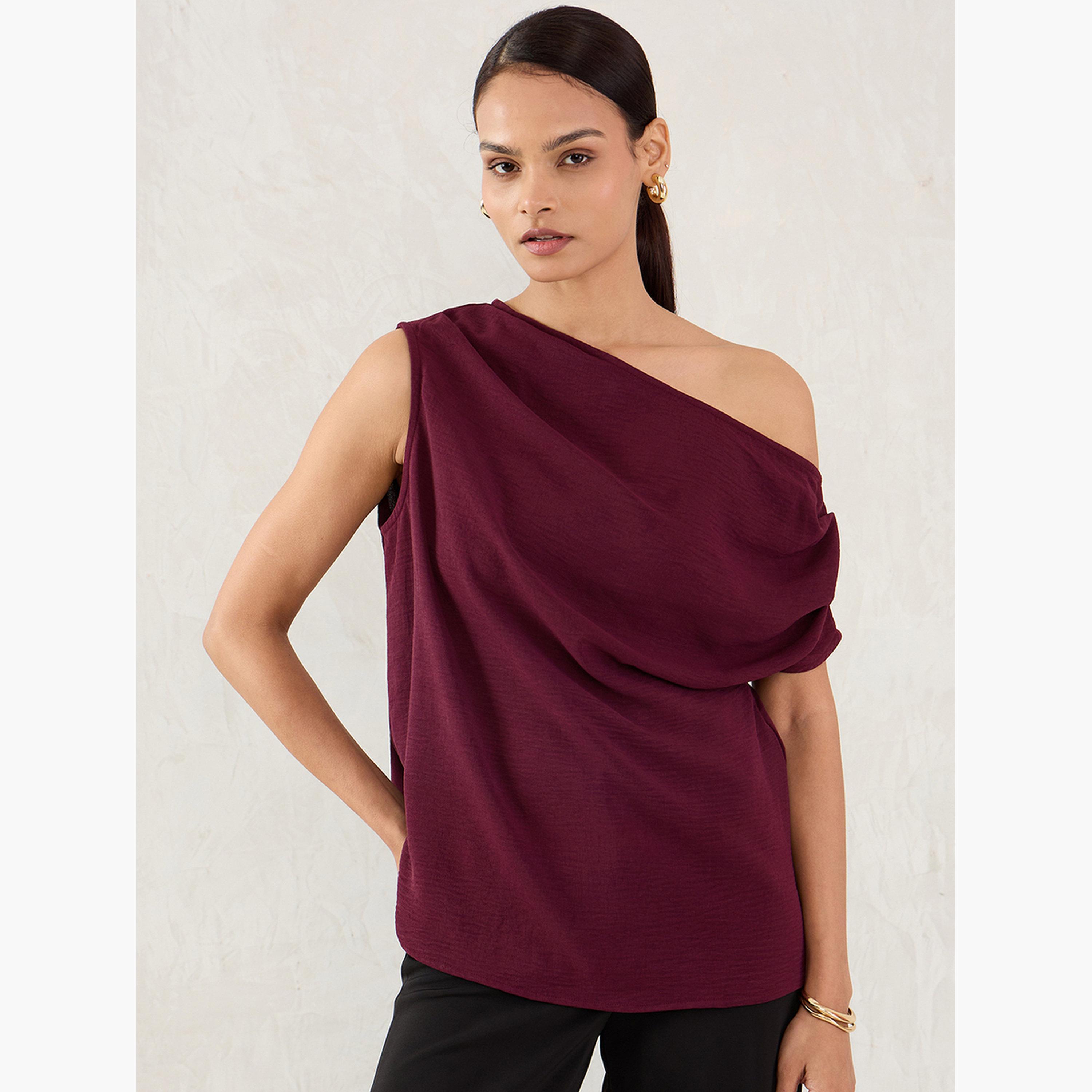 فيميلا - بلوزة برغندي بكتف واحد بدون أكمام-women-clothing-shirtsandblouses-blouses-image-1
