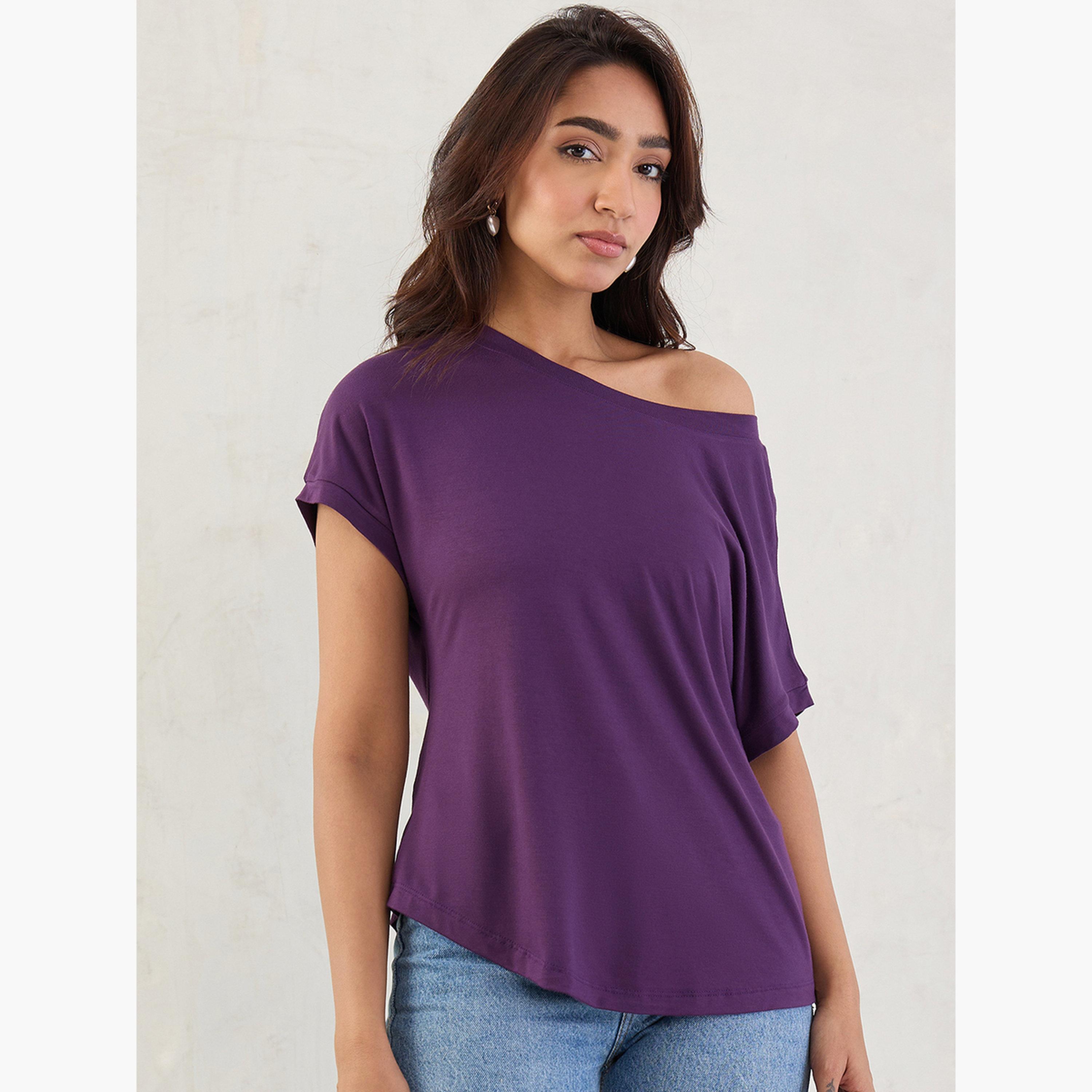 فيميلا - بلوزة أرجوانية محبوكة برقبة على الكتف-women-clothing-tshirts-image-1