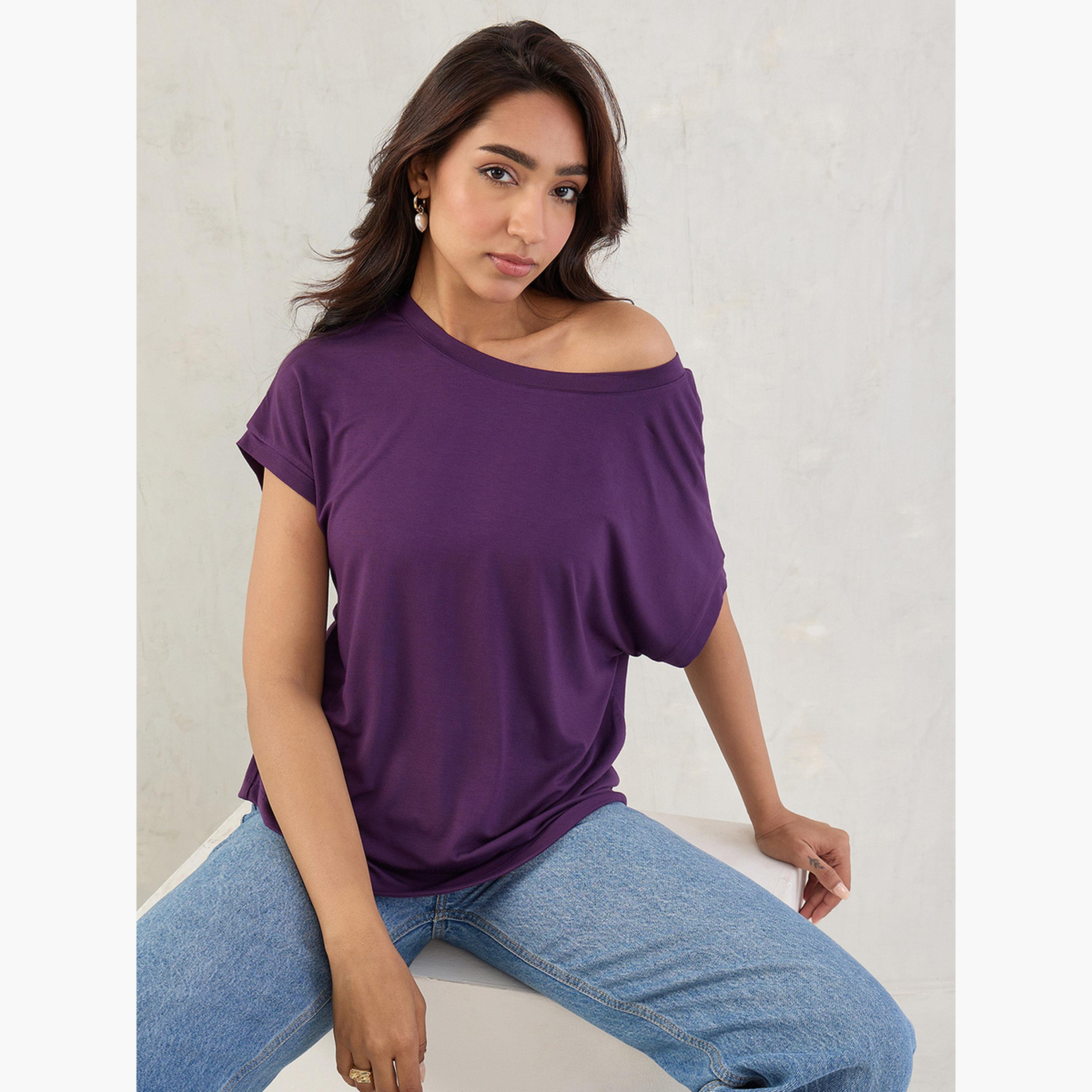 فيميلا - بلوزة أرجوانية محبوكة برقبة على الكتف-women-clothing-tshirts-image-4
