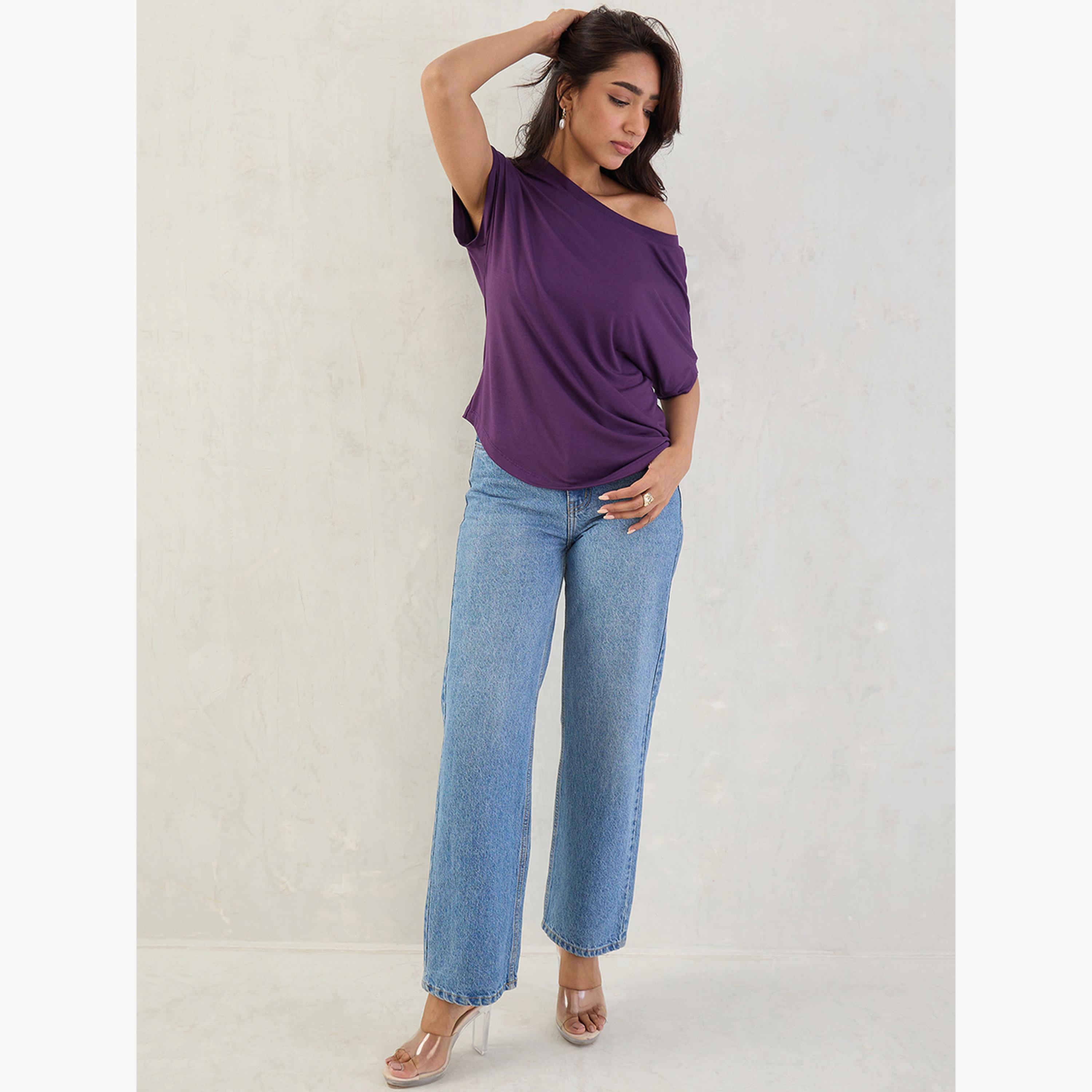 فيميلا - بلوزة أرجوانية محبوكة برقبة على الكتف-women-clothing-tshirts-image-5