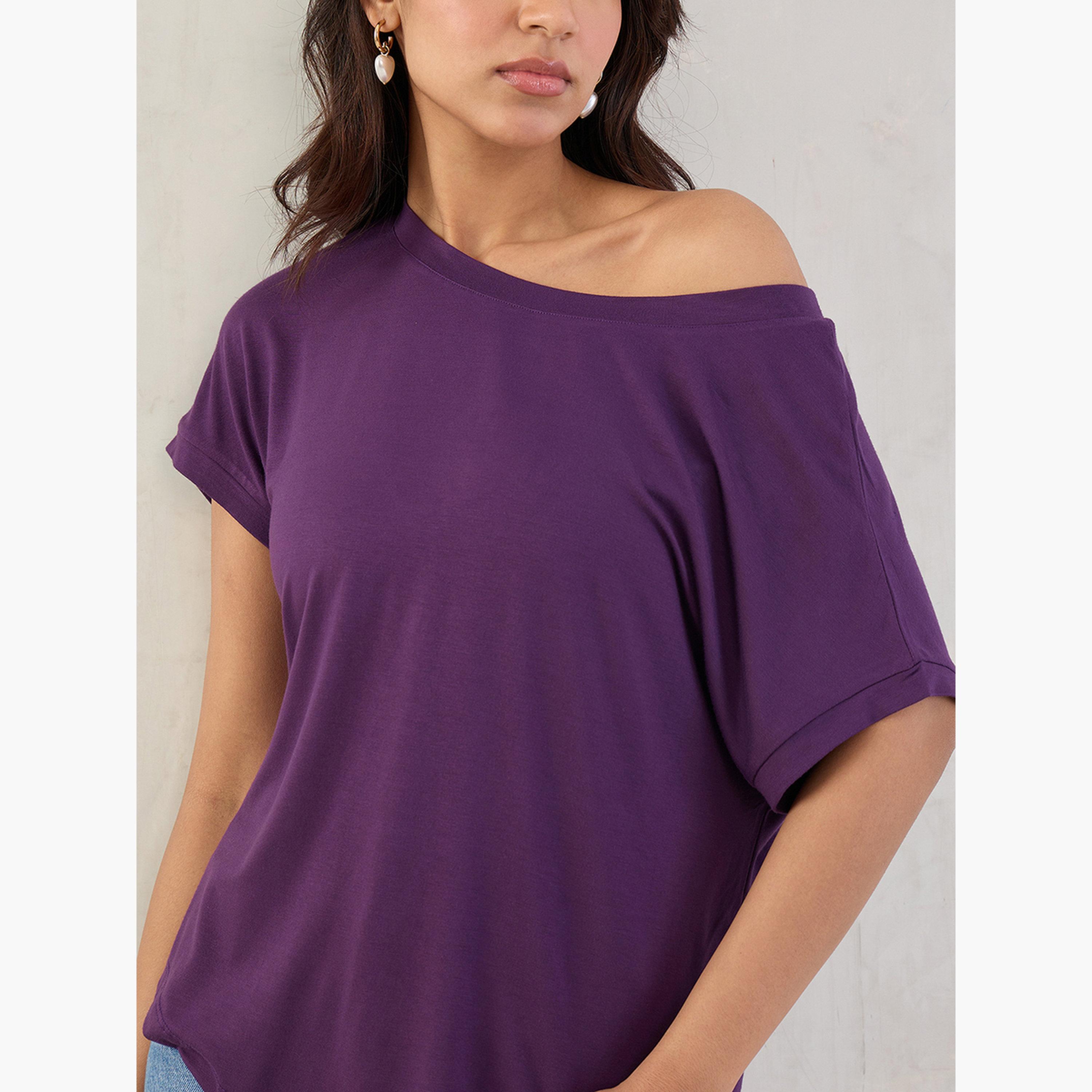 فيميلا - بلوزة أرجوانية محبوكة برقبة على الكتف-women-clothing-tshirts-image-6