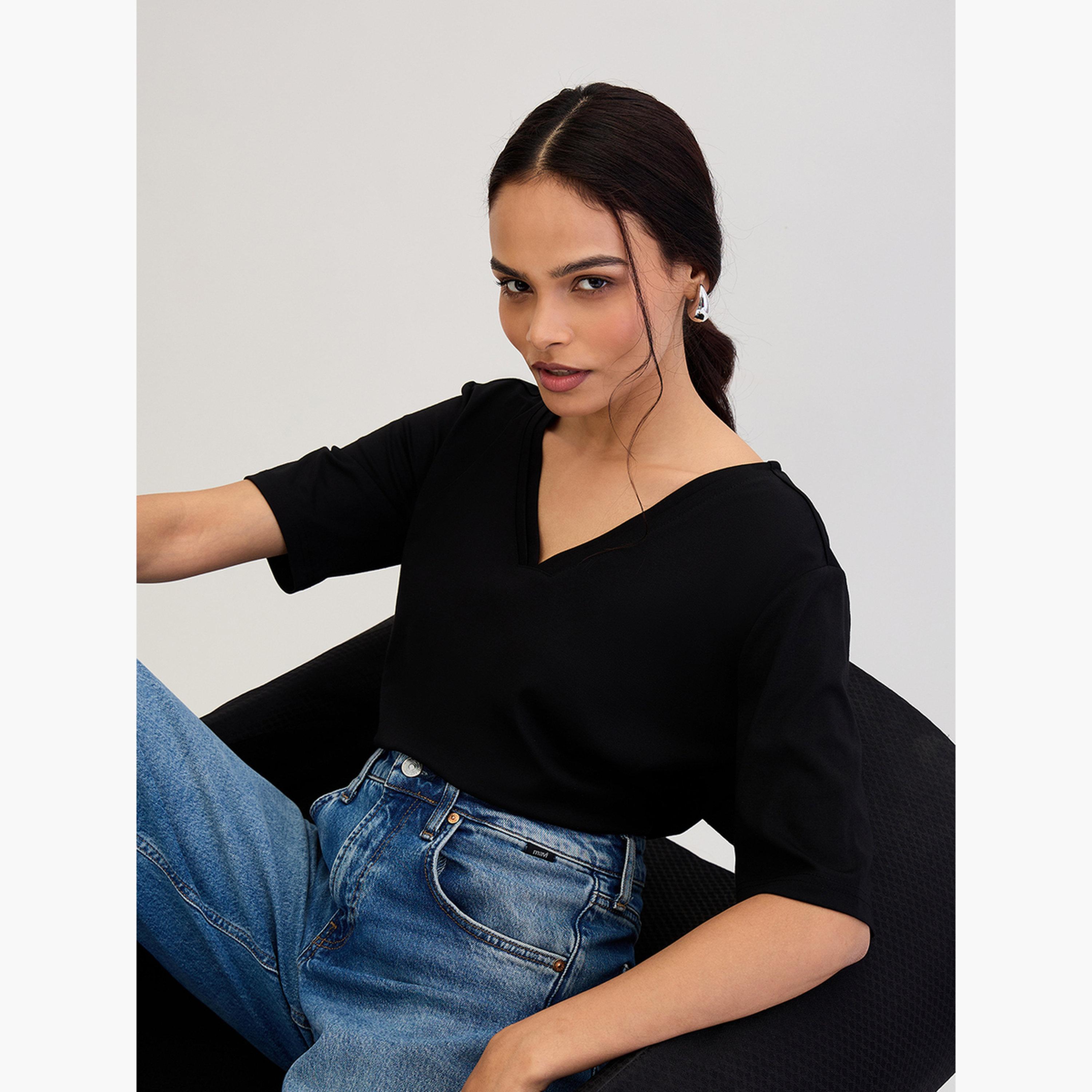 Femmella Black V Neck Basic T-Shirt-women-clothing-tshirts-image-4