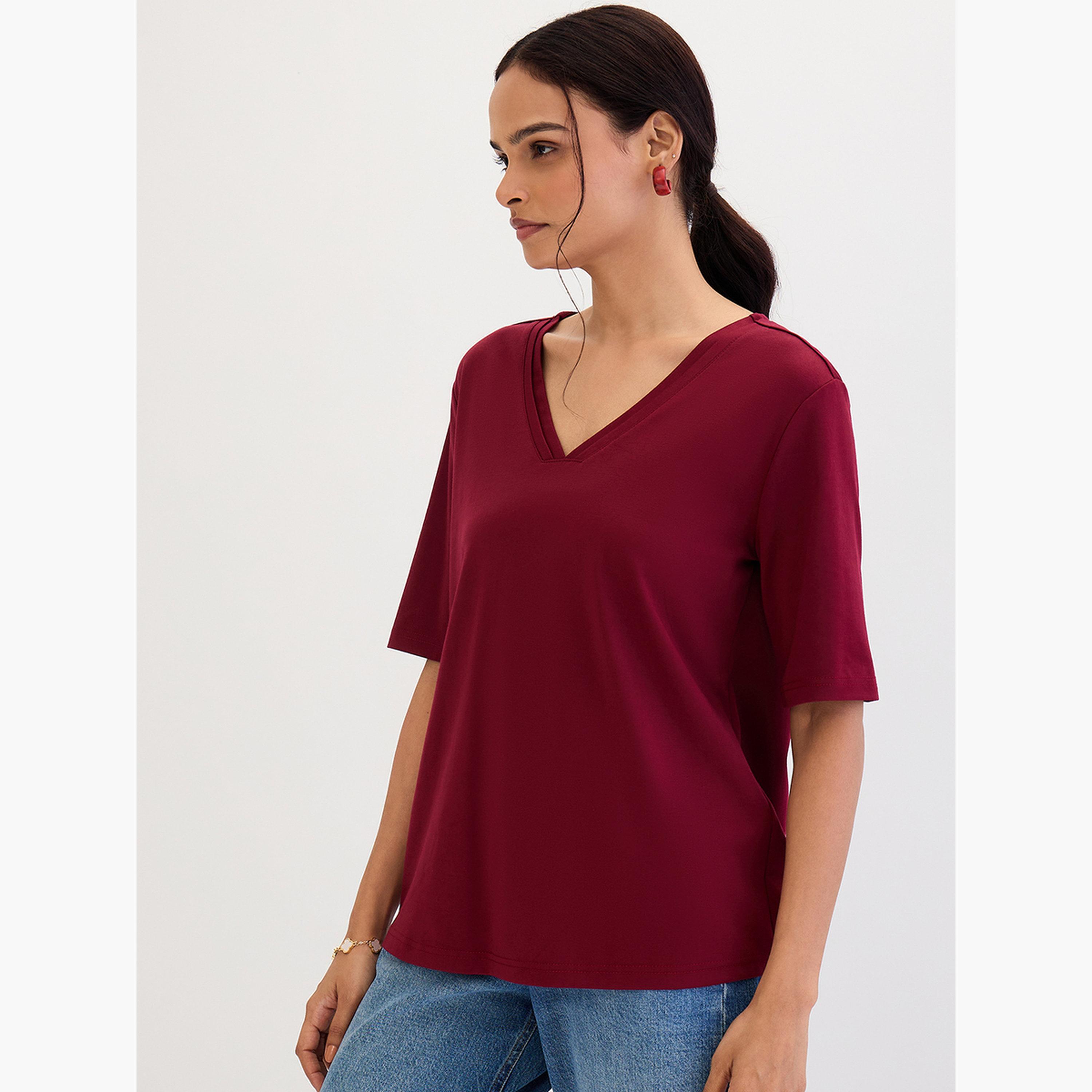 Femmella Maroon V Neck Basic T- Shirt-women-clothing-tshirts-image-3