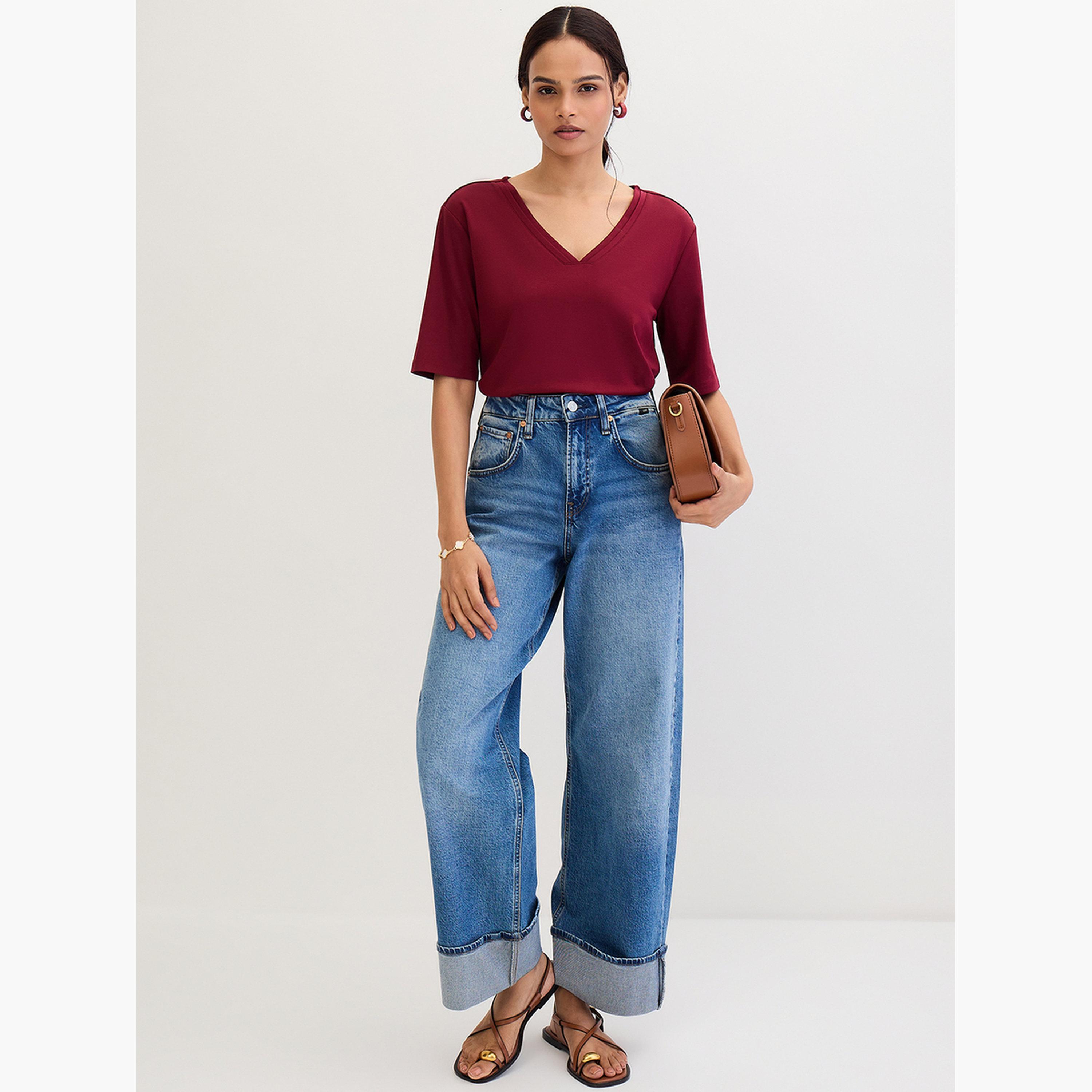 Femmella Maroon V Neck Basic T- Shirt-women-clothing-tshirts-image-5