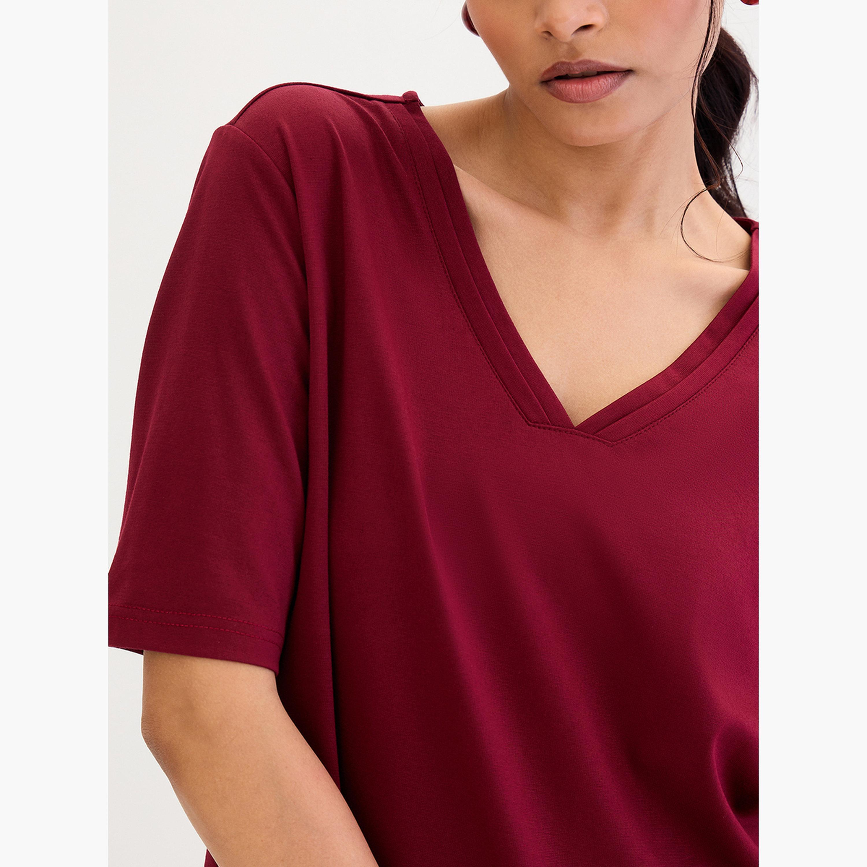 Femmella Maroon V Neck Basic T- Shirt-women-clothing-tshirts-image-6