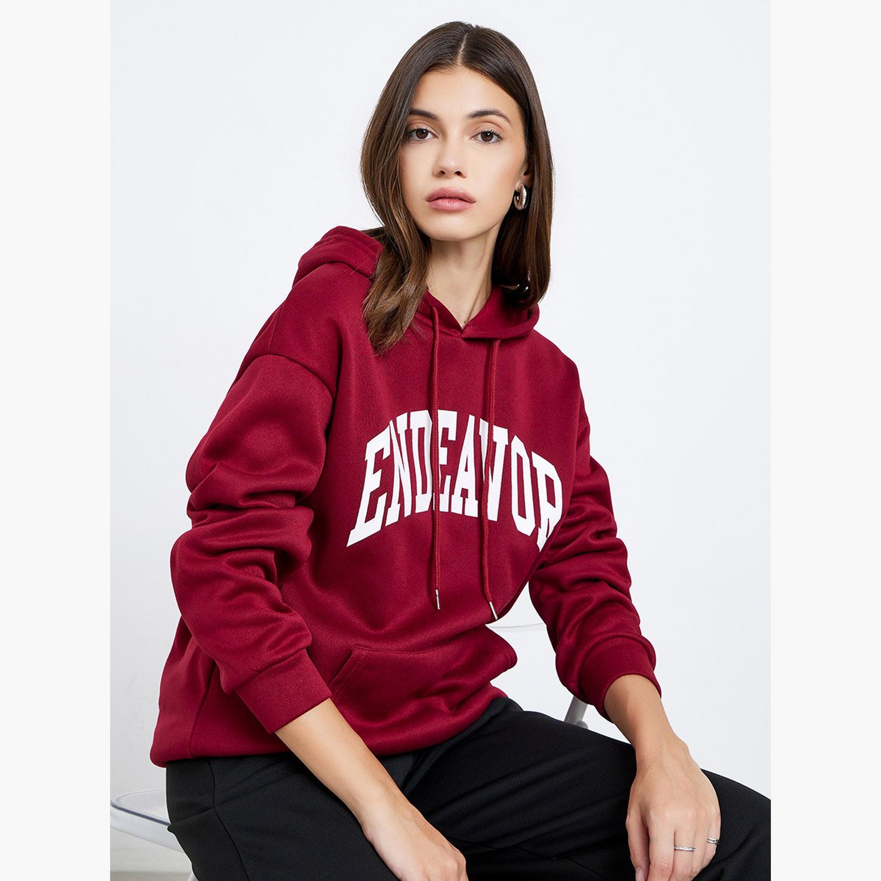 تيك تو - هودي مقاس كبير بطبعة شعار باللون العنابي-women-clothing-hoodiesandsweatshirts-hoodies-image-1