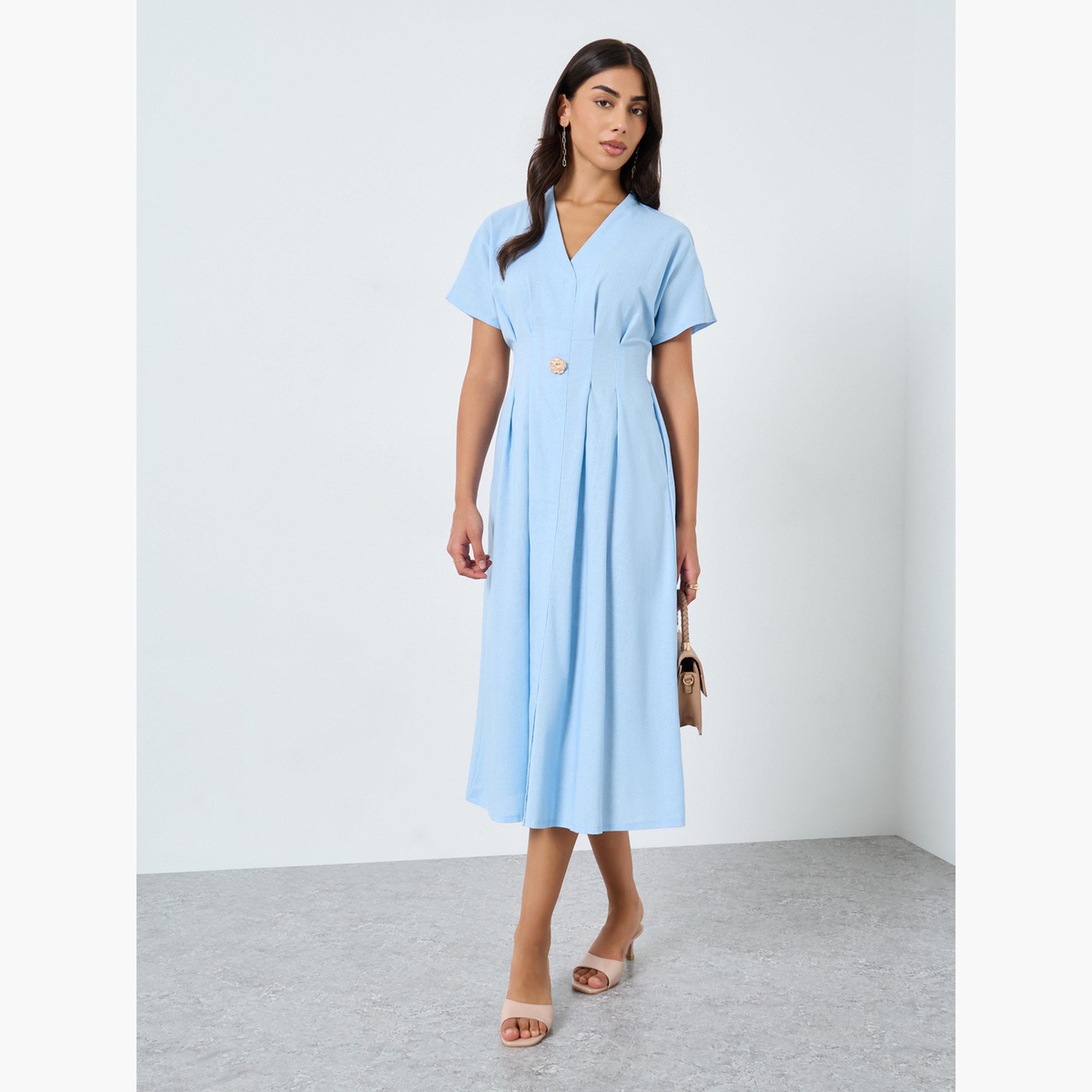 Take Two Blue Fold Pleated Midi Dress-women-clothing-dresses-image-1