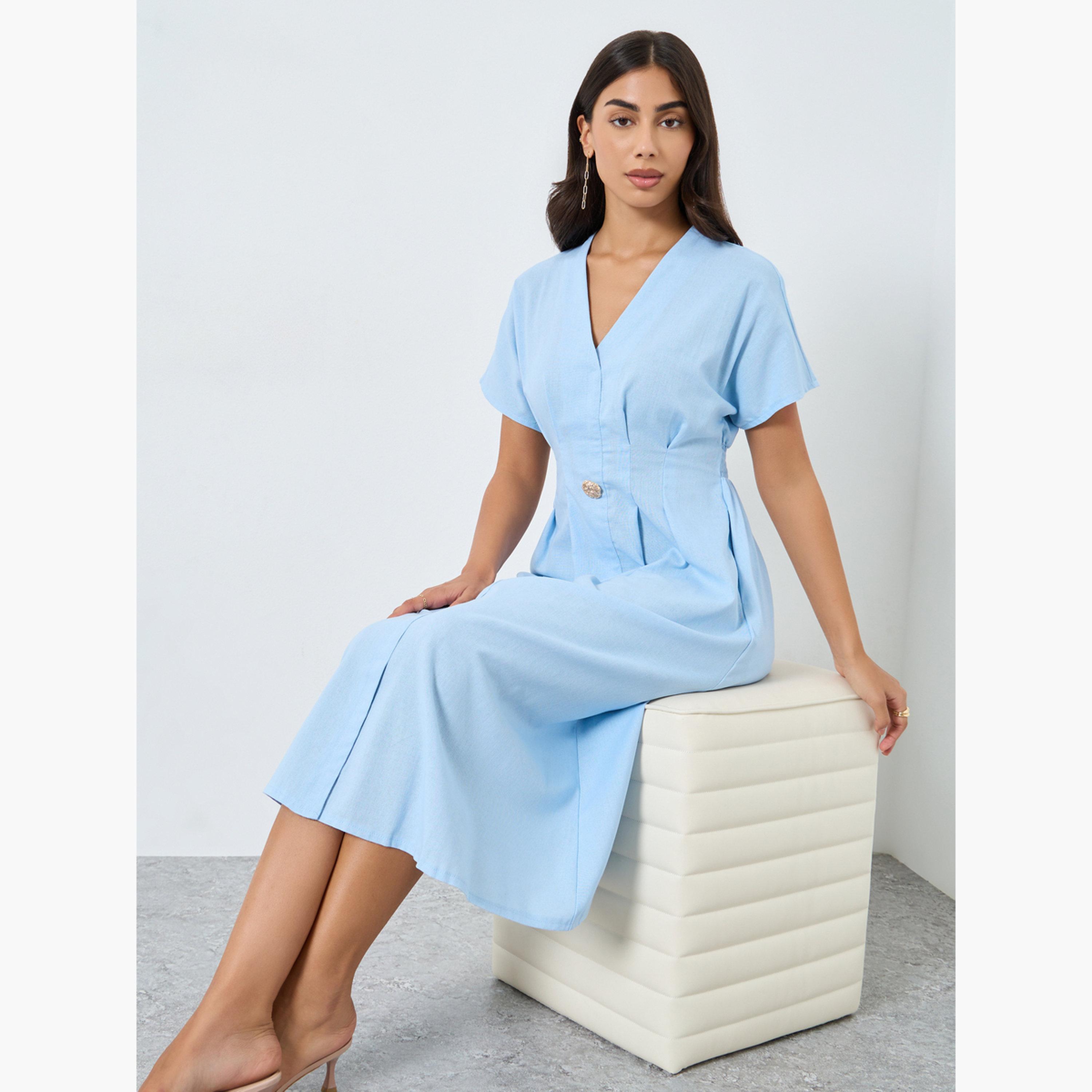 Take Two Blue Fold Pleated Midi Dress-women-clothing-dresses-image-2