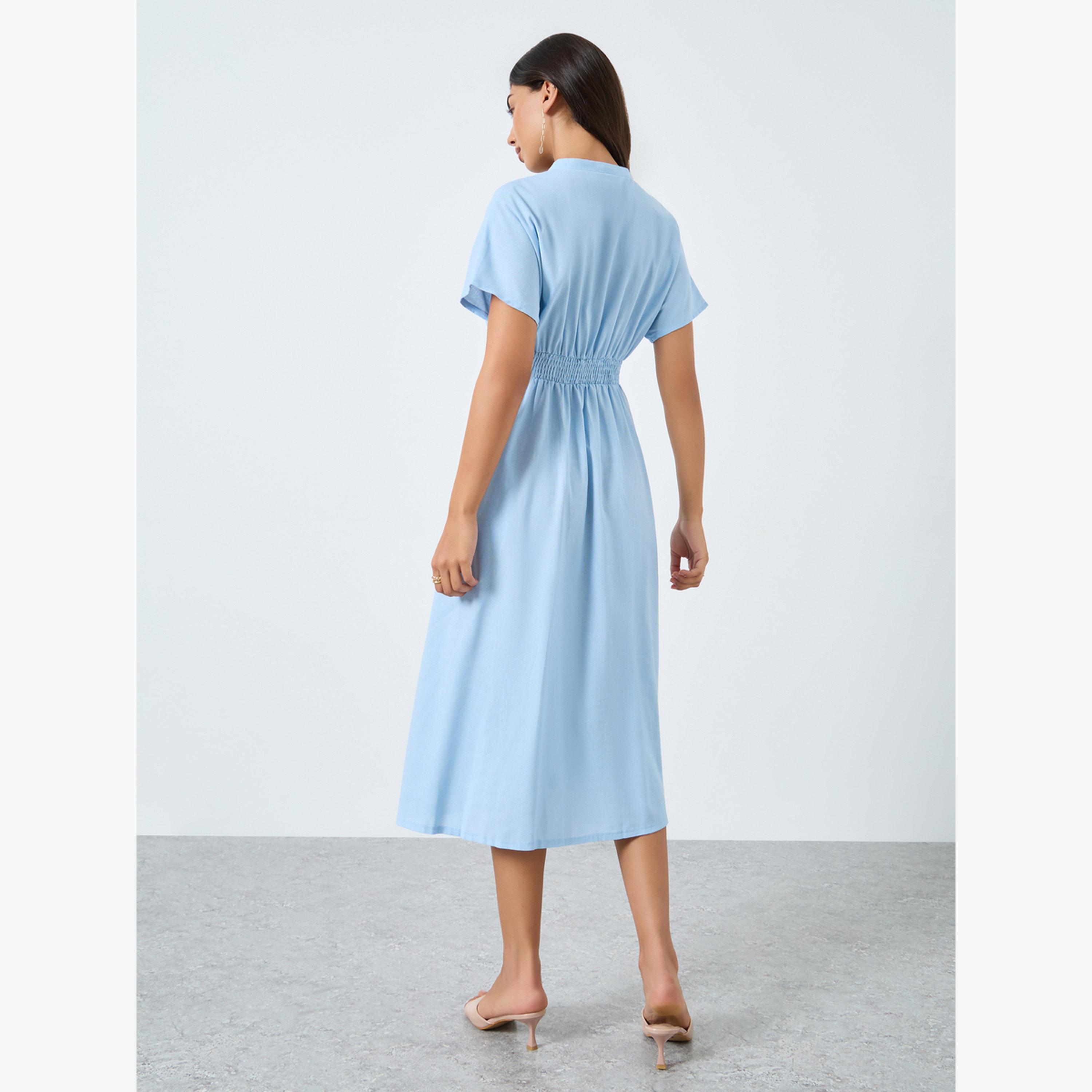 تيك تو - فستان متوسط الطول مطوي لون أزرق-women-clothing-dresses-image-4