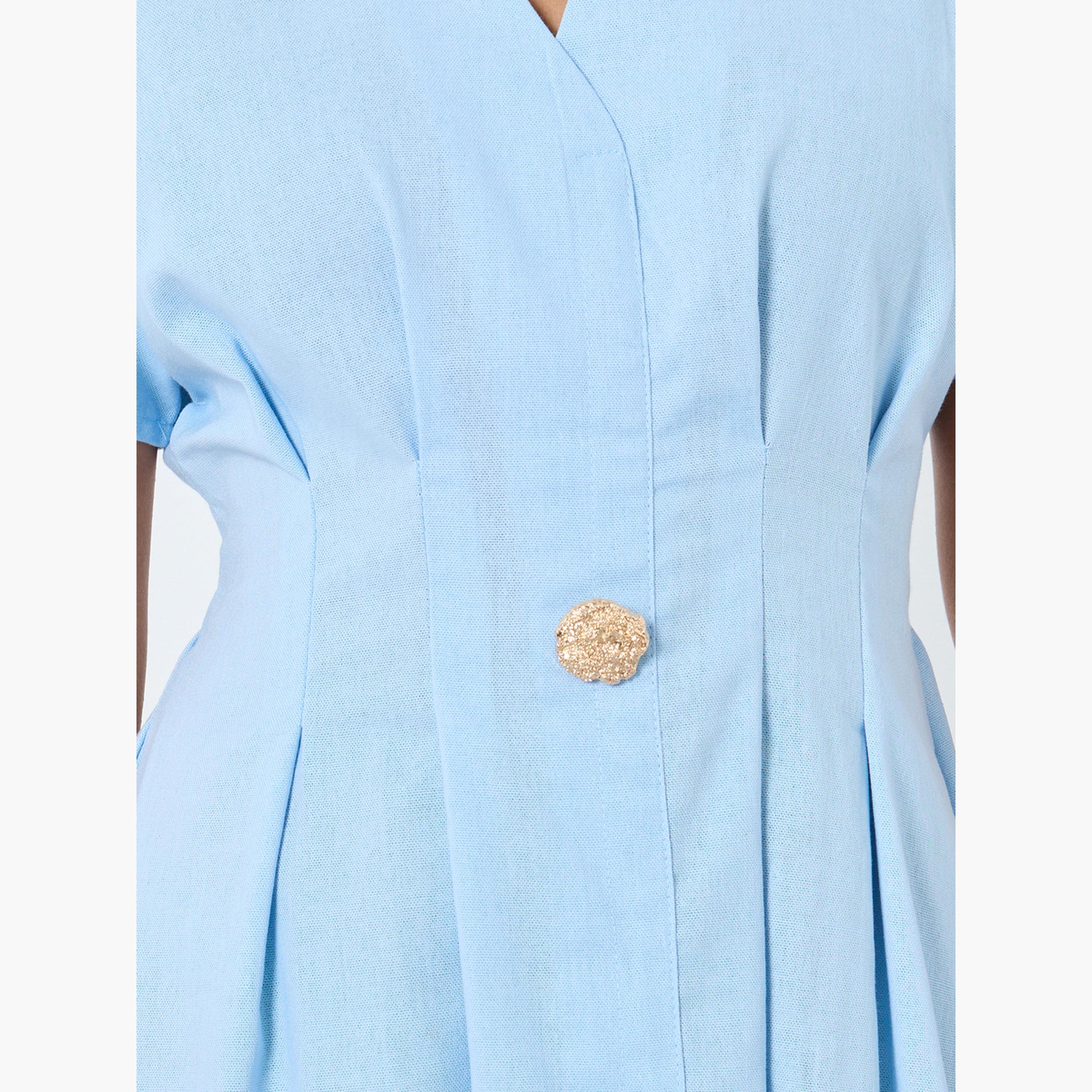 تيك تو - فستان متوسط الطول مطوي لون أزرق-women-clothing-dresses-image-5