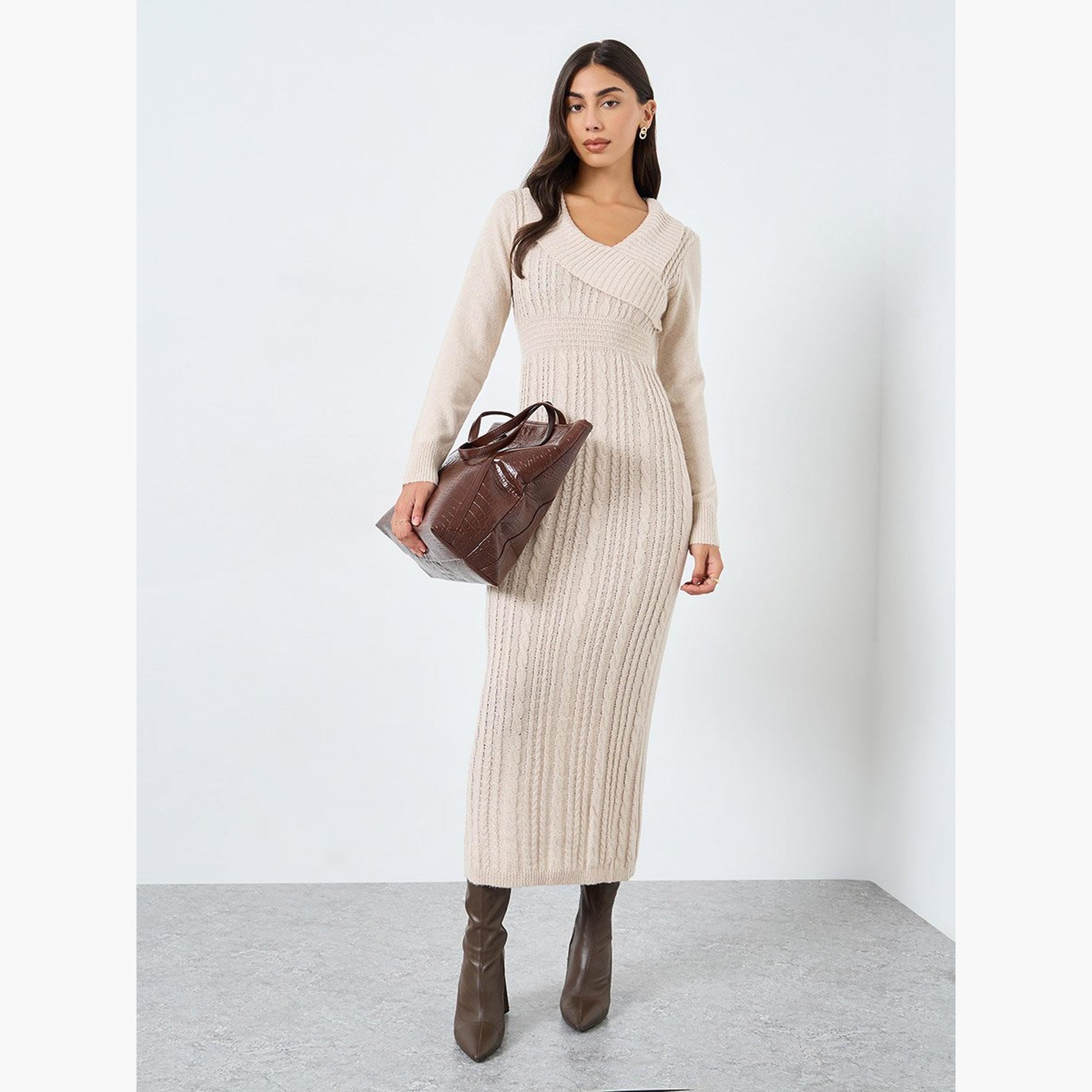 Take Two Beige Cable Knit Bodycon Midi Dress-women-clothing-dresses-image-1