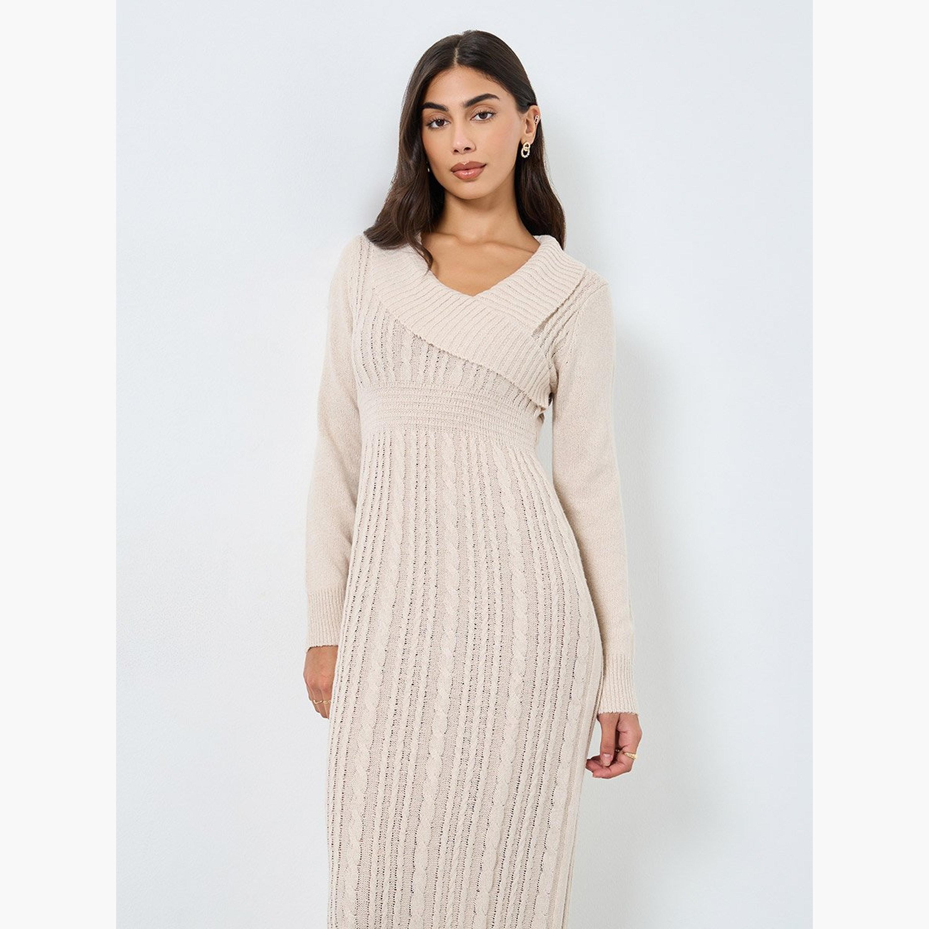 تيك تو - فستان متوسط ​​الطول من منسوج بلون البيج-women-clothing-dresses-image-2