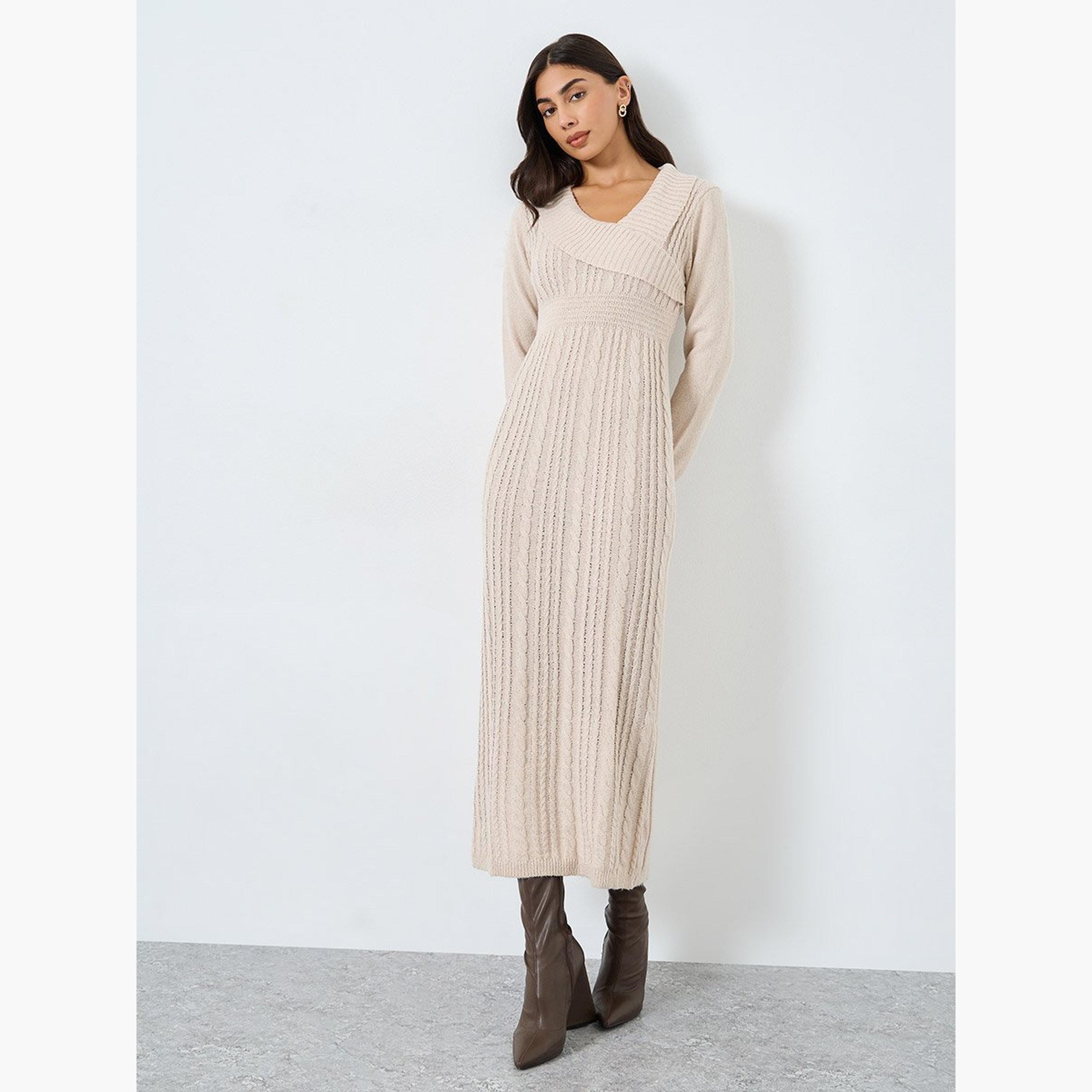 تيك تو - فستان متوسط ​​الطول من منسوج بلون البيج-women-clothing-dresses-image-3