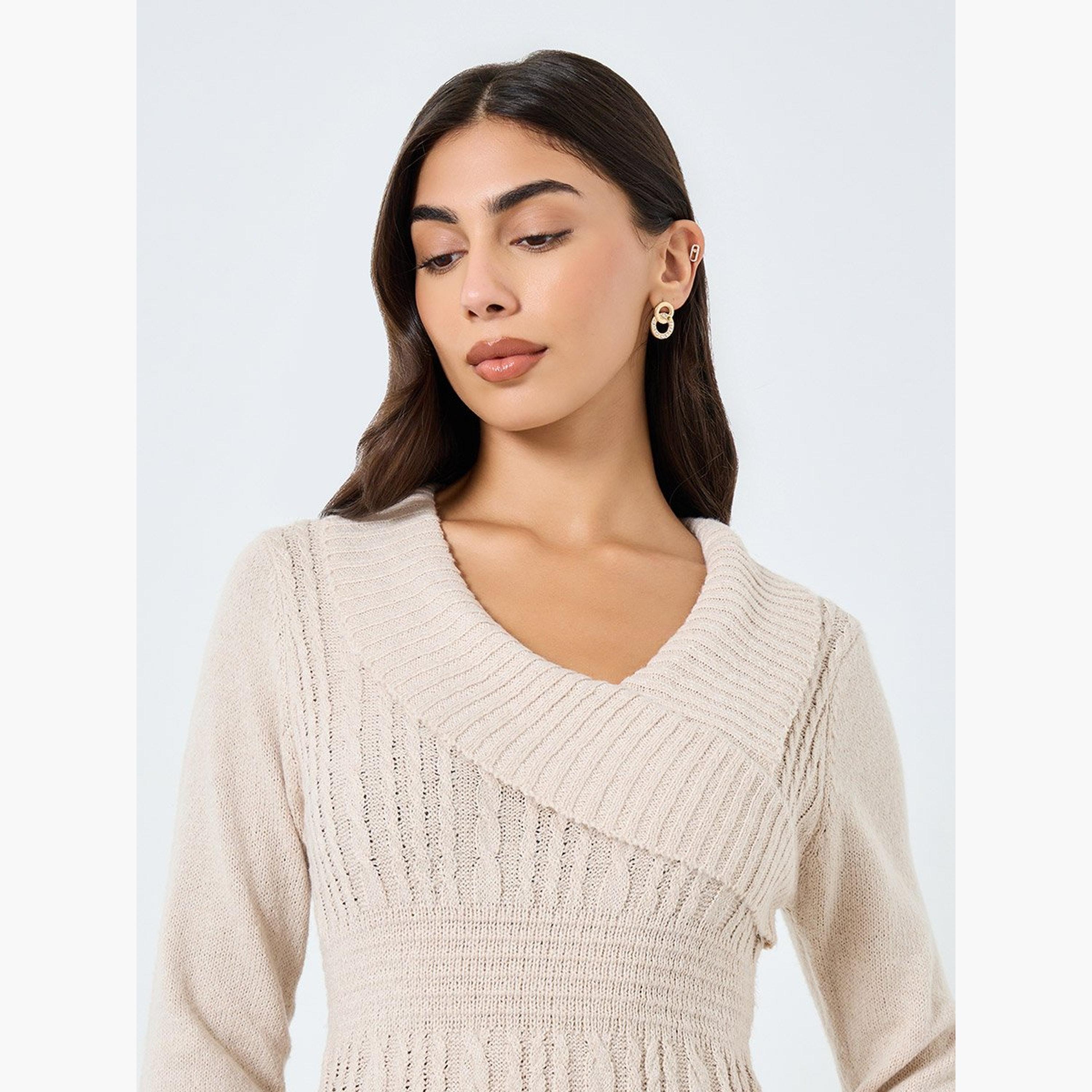 تيك تو - فستان متوسط ​​الطول من منسوج بلون البيج-women-clothing-dresses-image-4
