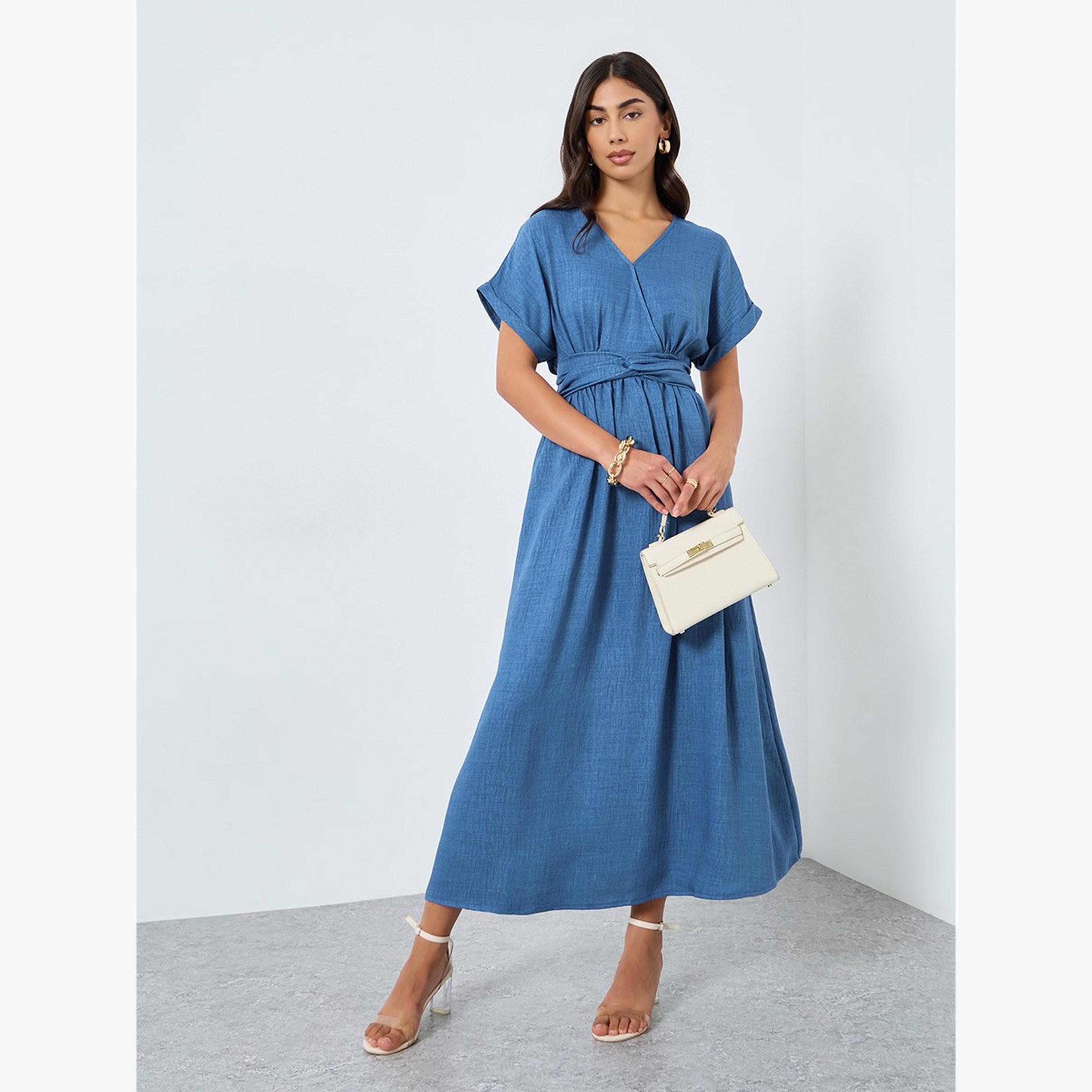 Take Two Blue Gathered Waist Midi Dress-women-clothing-dresses-image-3