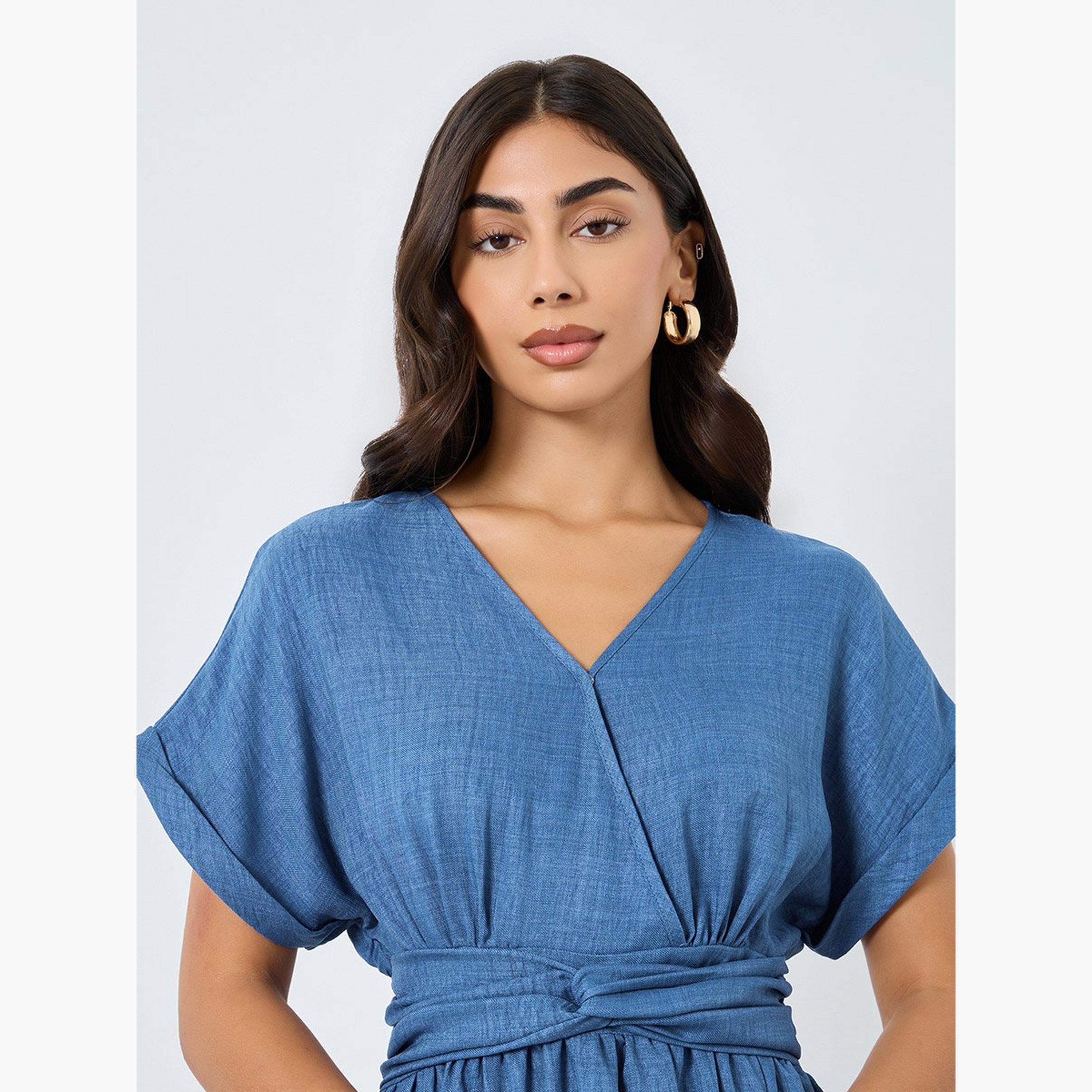 Take Two Blue Gathered Waist Midi Dress-women-clothing-dresses-image-4