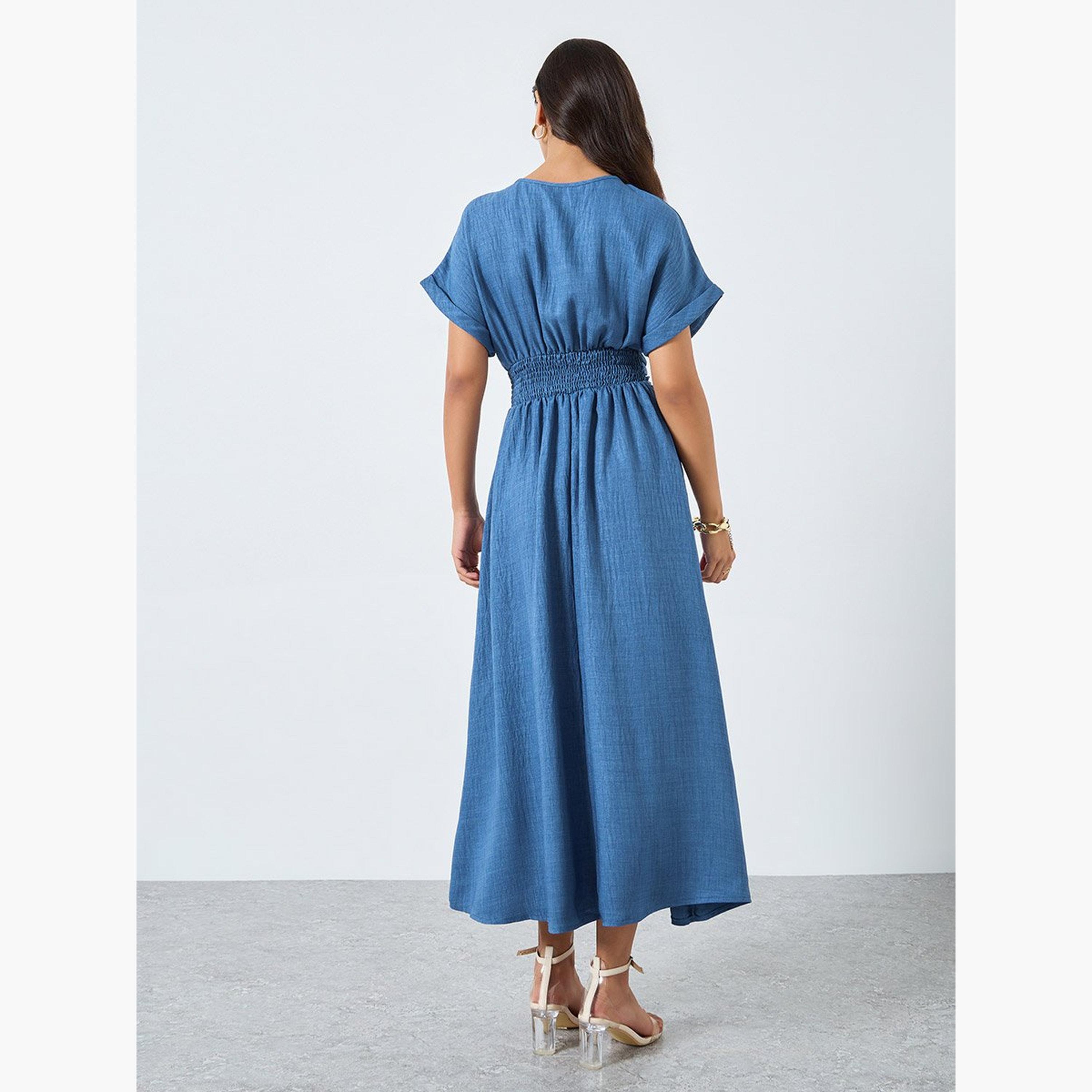 Take Two Blue Gathered Waist Midi Dress-women-clothing-dresses-image-5