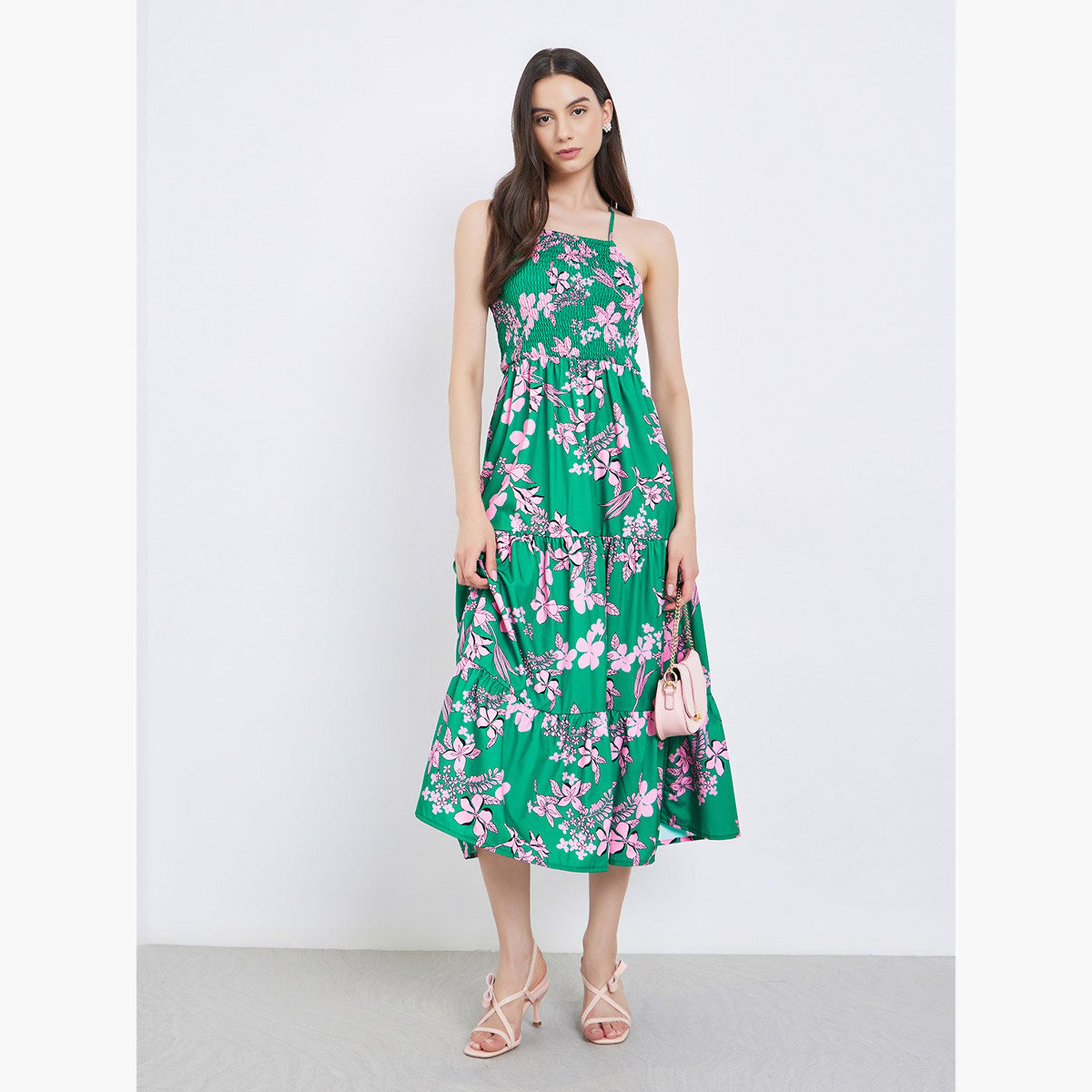 تيك تو - فستان ميدي بطبعة زهور خضراء وحمالات-women-clothing-dresses-image-1