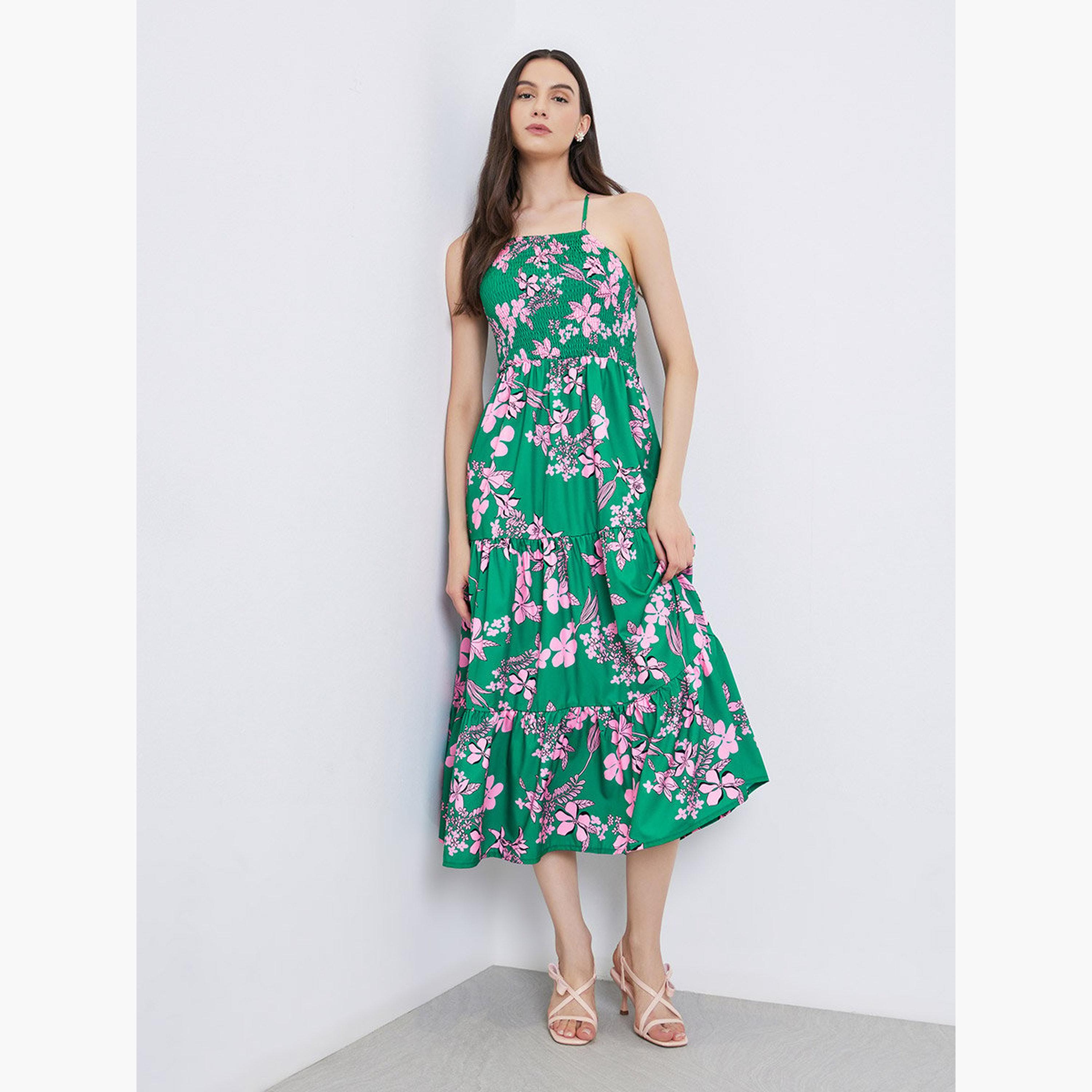 تيك تو - فستان ميدي بطبعة زهور خضراء وحمالات-women-clothing-dresses-image-3