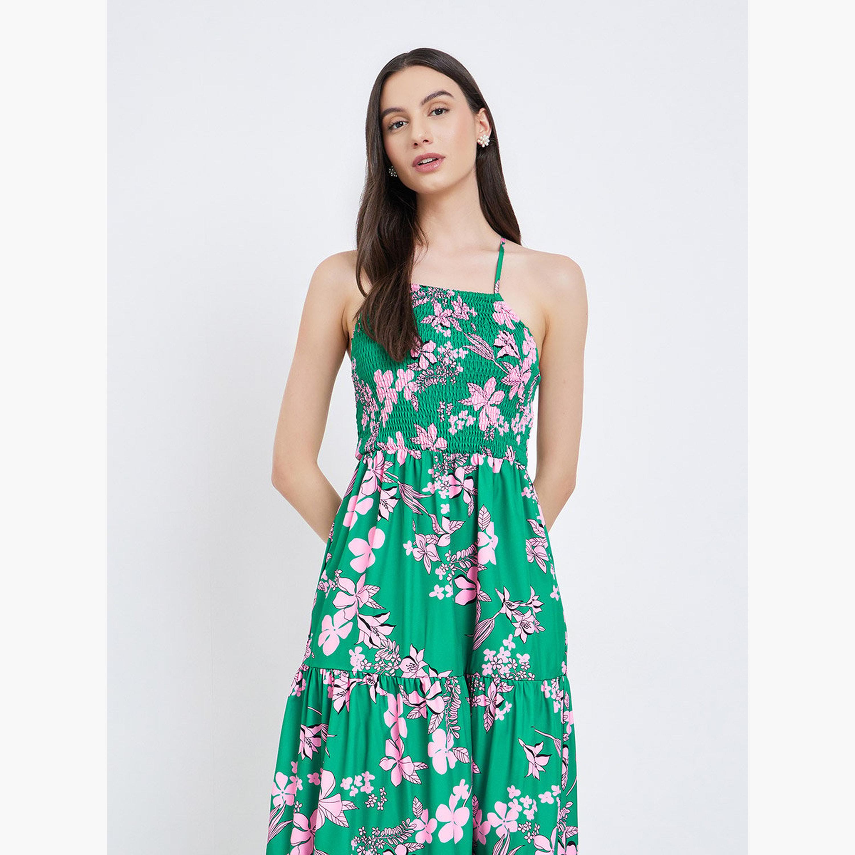 تيك تو - فستان ميدي بطبعة زهور خضراء وحمالات-women-clothing-dresses-image-4