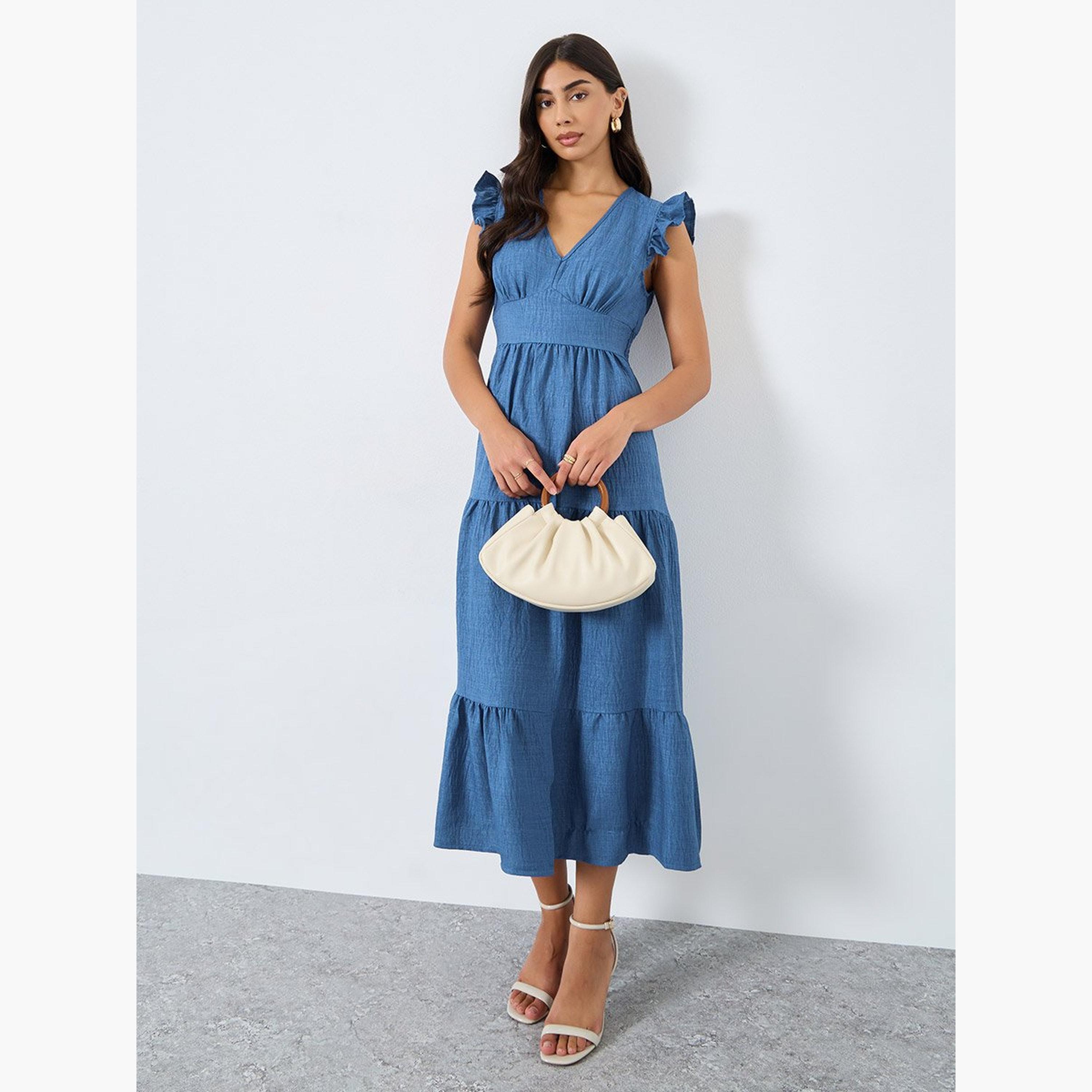 Take Two Blue Tiered Midi Dress with Ruffled Sleeve-women-clothing-dresses-image-1