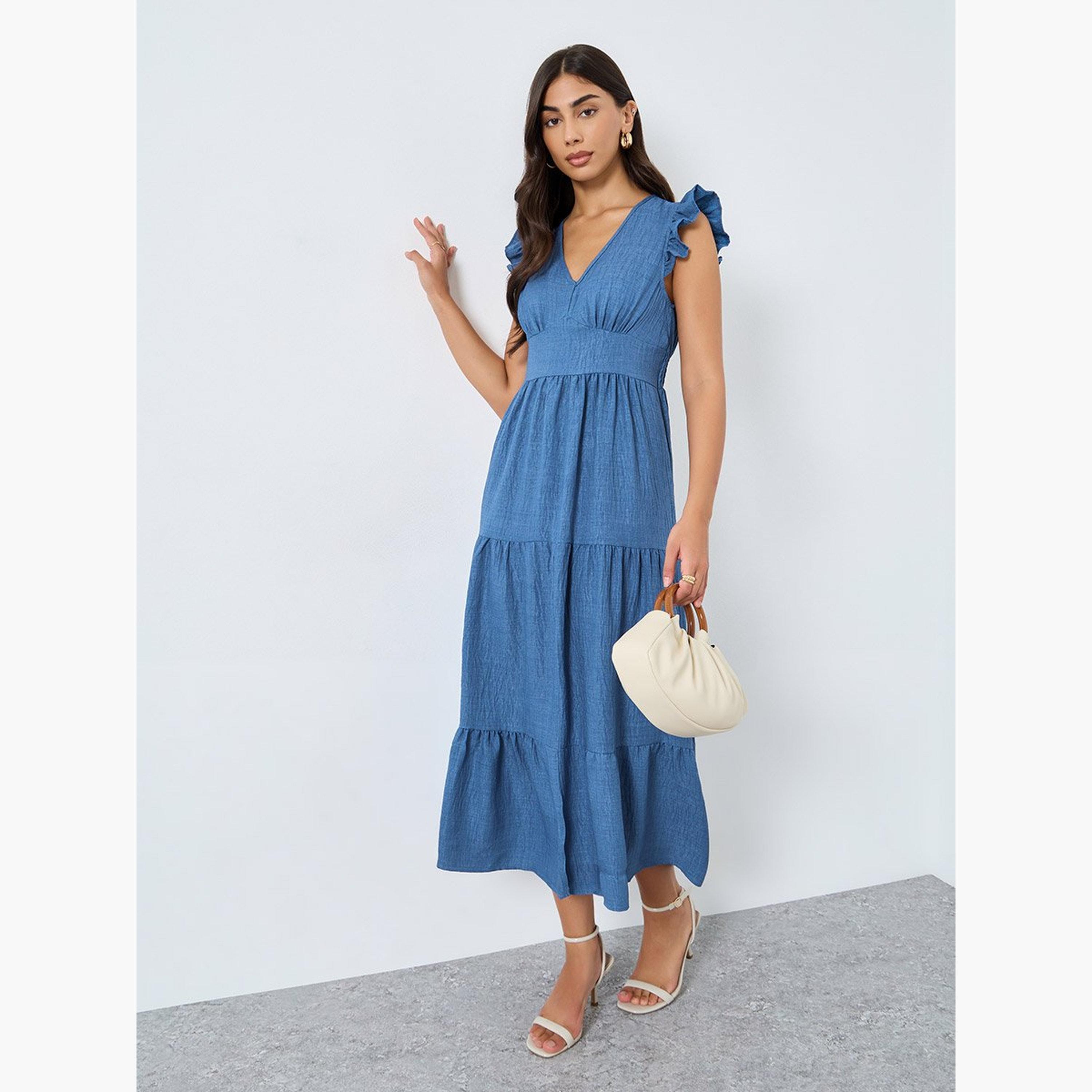 Take Two Blue Tiered Midi Dress with Ruffled Sleeve-women-clothing-dresses-image-2