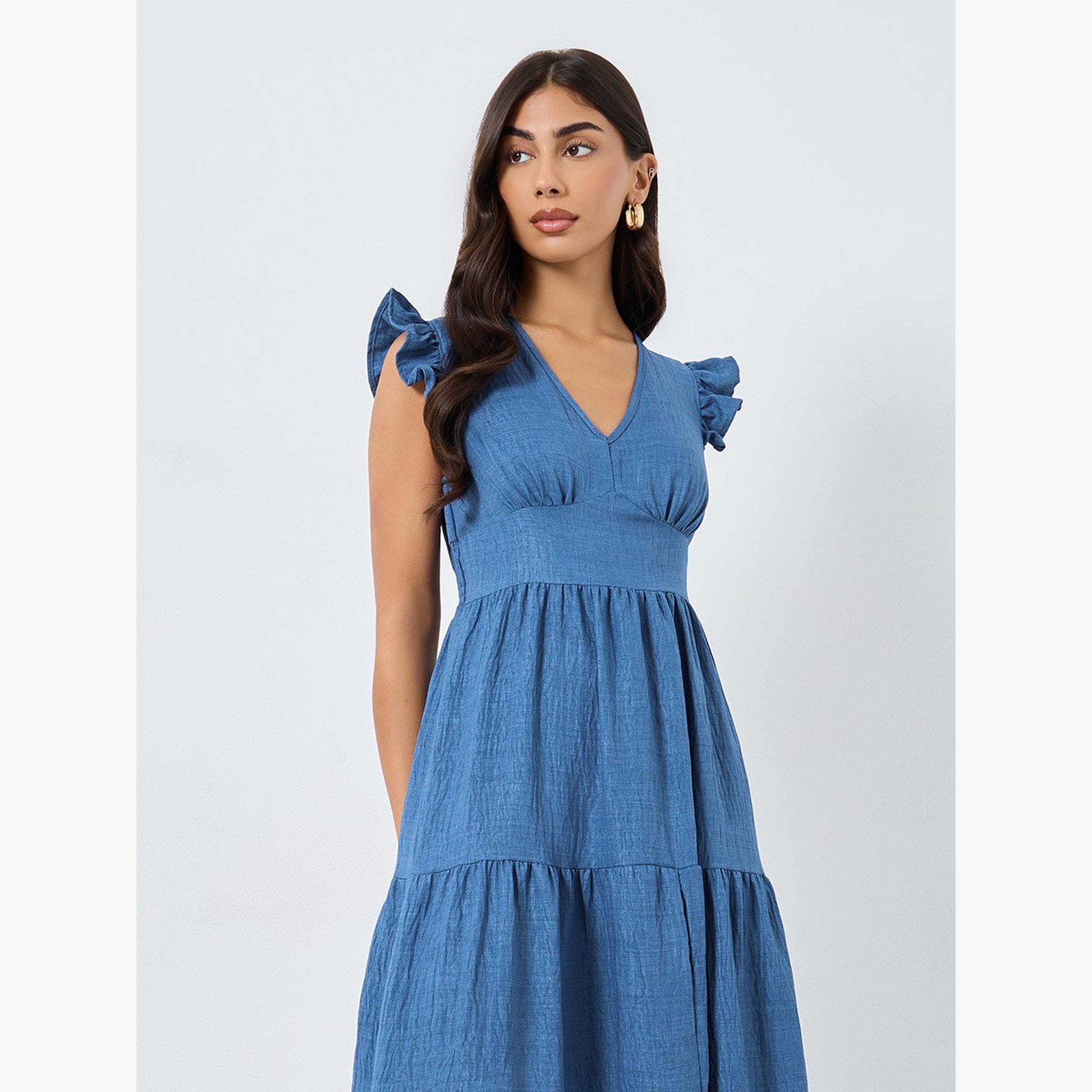 Take Two Blue Tiered Midi Dress with Ruffled Sleeve-women-clothing-dresses-image-3