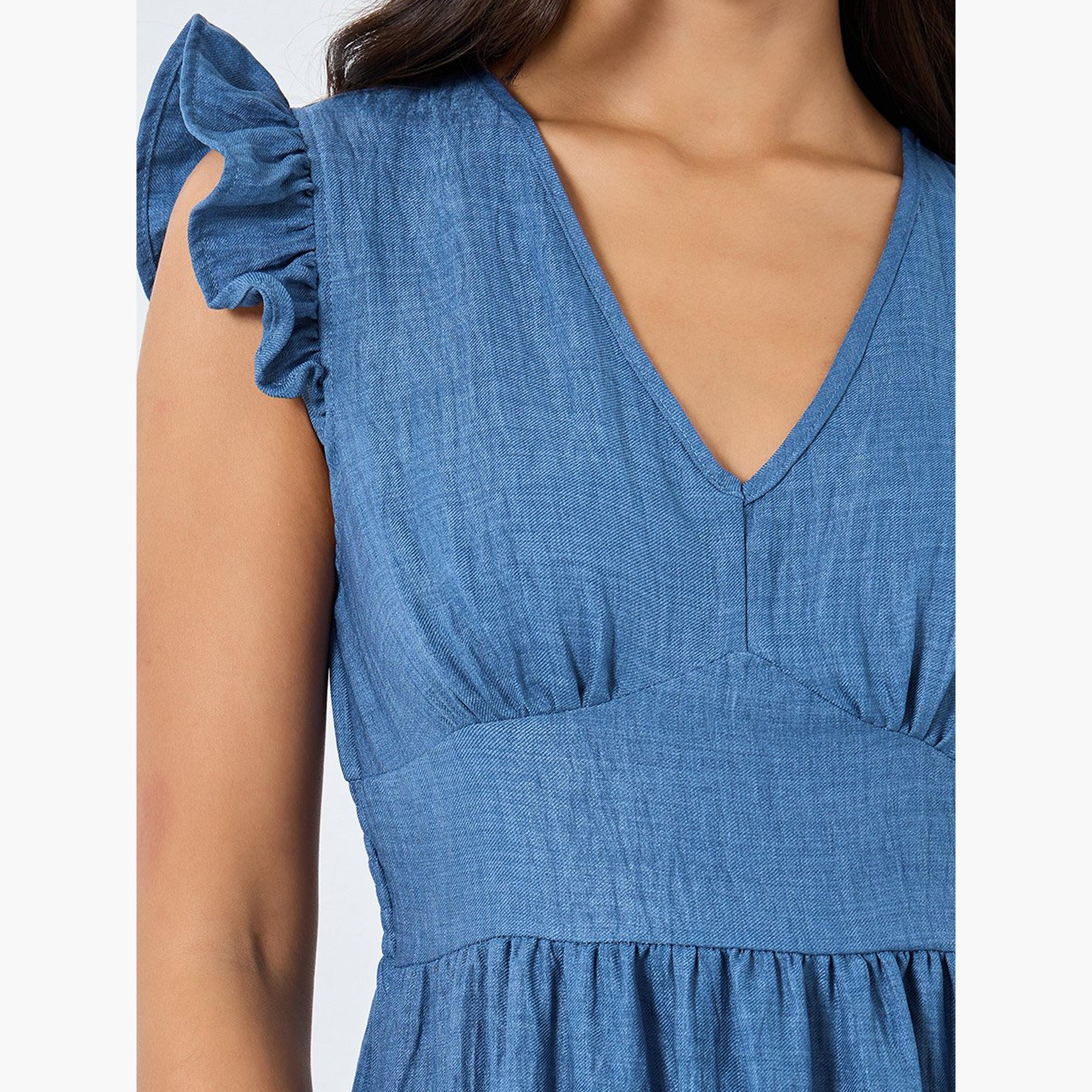 Take Two Blue Tiered Midi Dress with Ruffled Sleeve-women-clothing-dresses-image-4