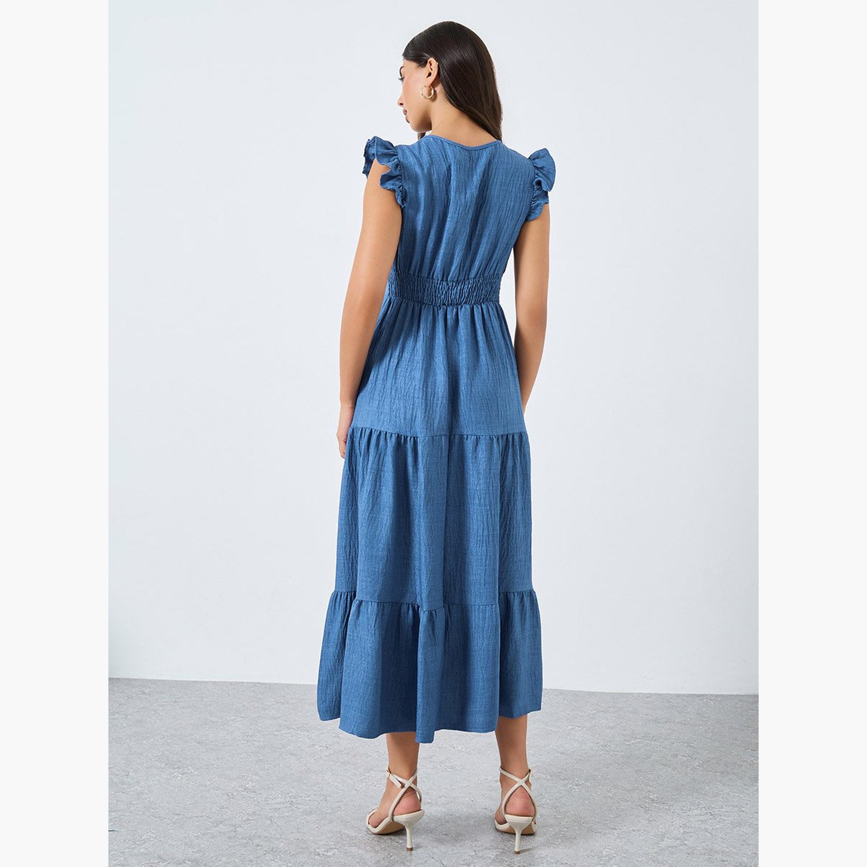 Take Two Blue Tiered Midi Dress with Ruffled Sleeve-women-clothing-dresses-image-5