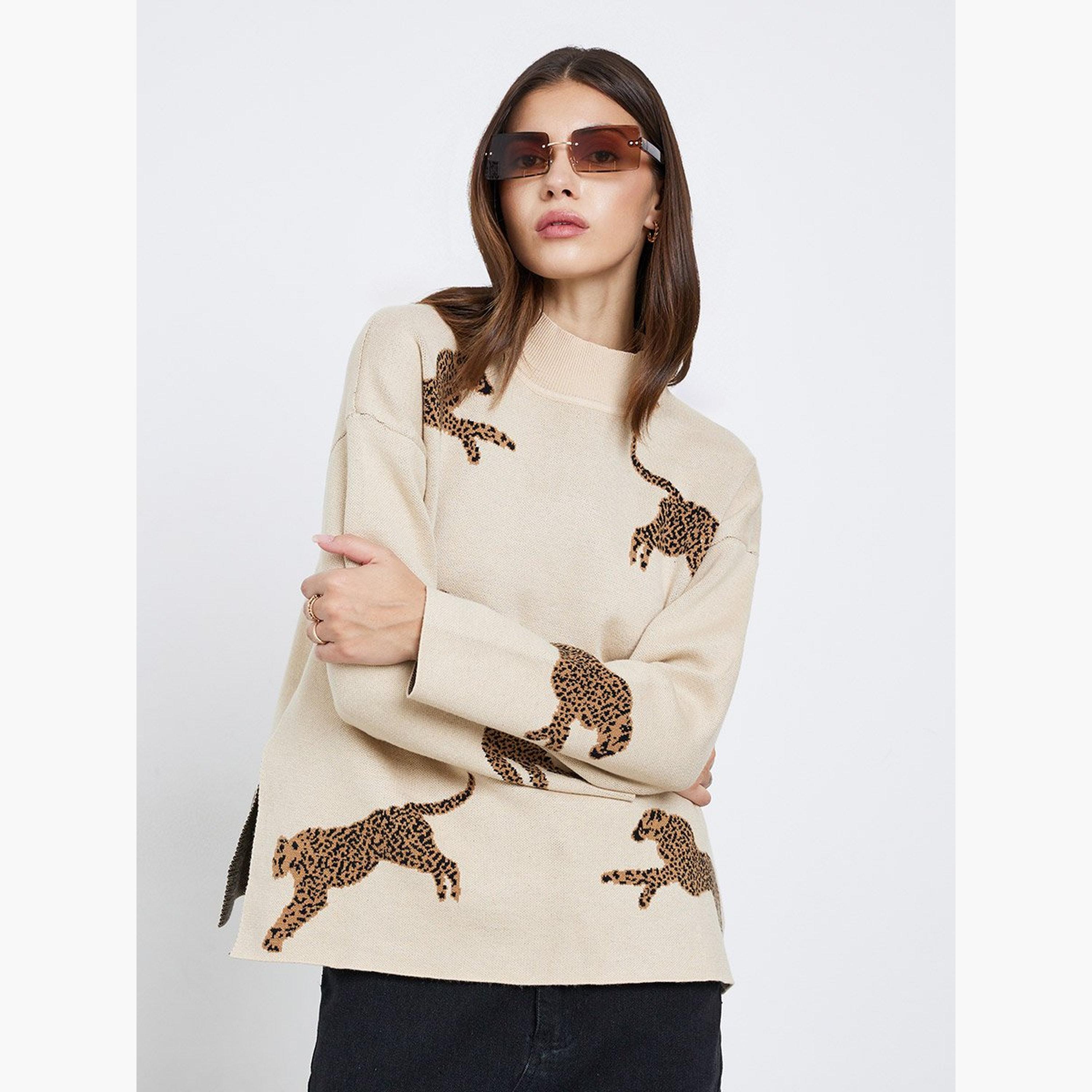 Take Two Beige Leopard Print Oversized Sweater-women-winterwear-cardigansandjumpers-jumpers-image-1