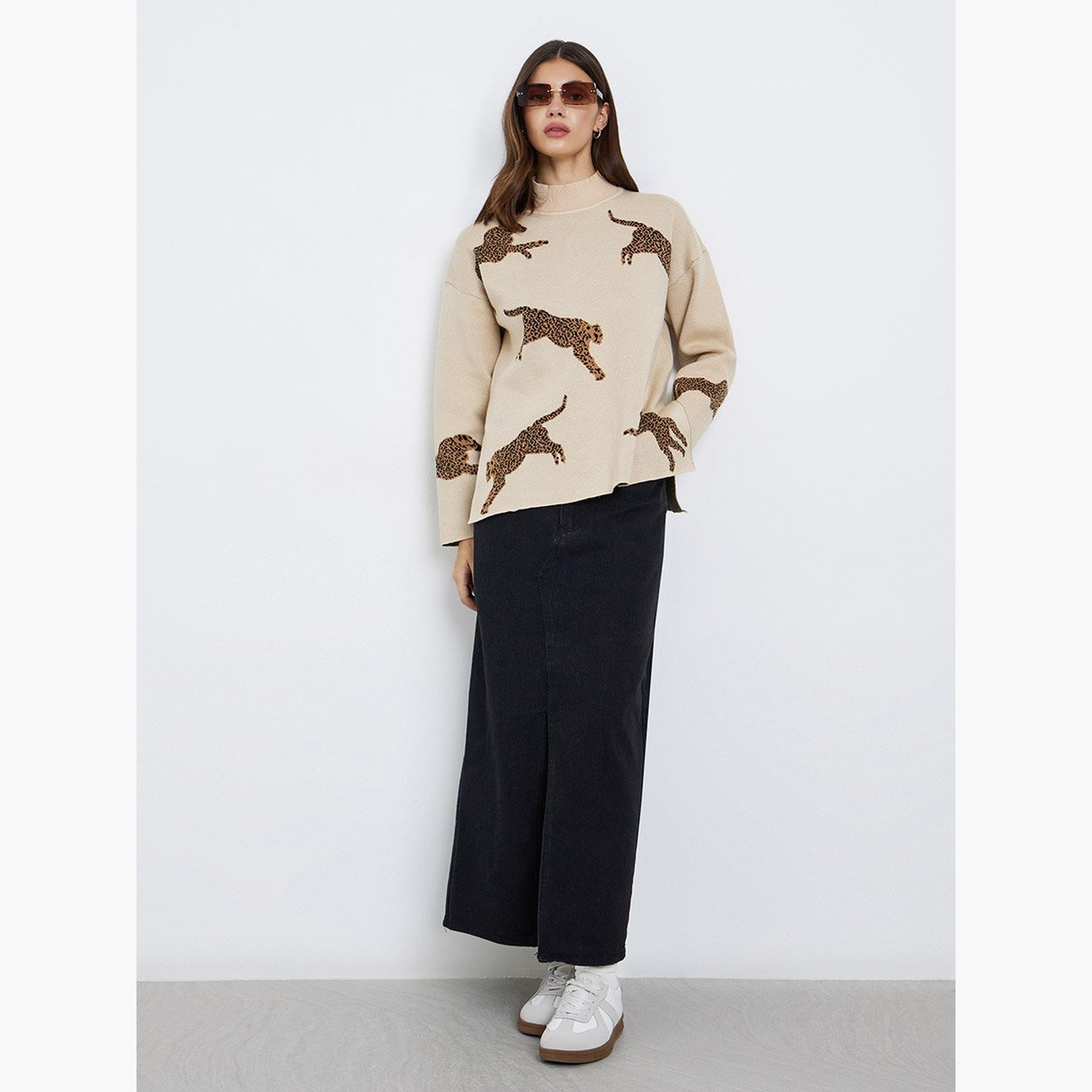 Take Two Beige Leopard Print Oversized Sweater-women-winterwear-cardigansandjumpers-jumpers-image-2