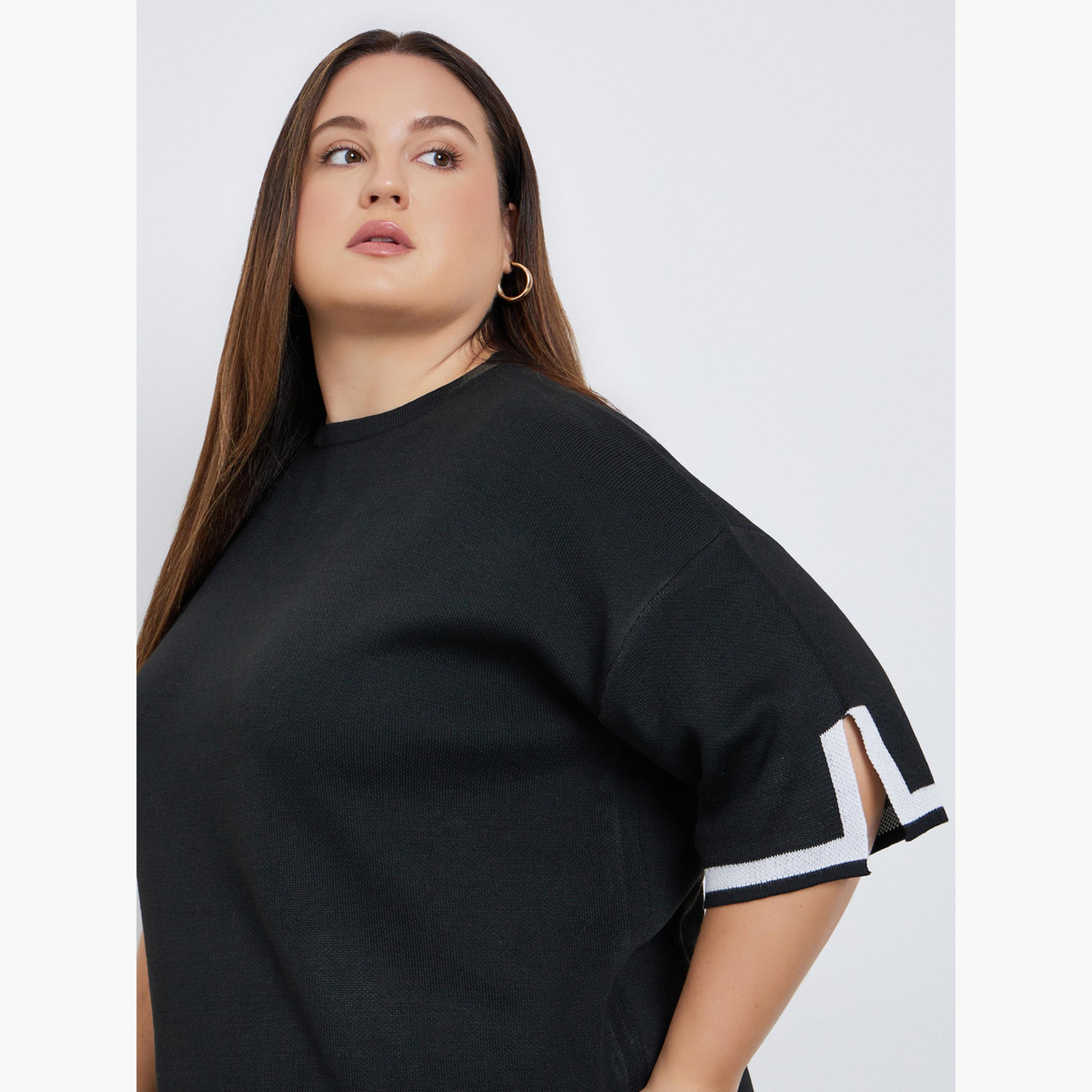 ستايلي - بلوزة محبوكة مربعة الشكل مع حواف متباينة وكتف منسدلة-women-clothing-shirtsandblouses-shirts-image-4
