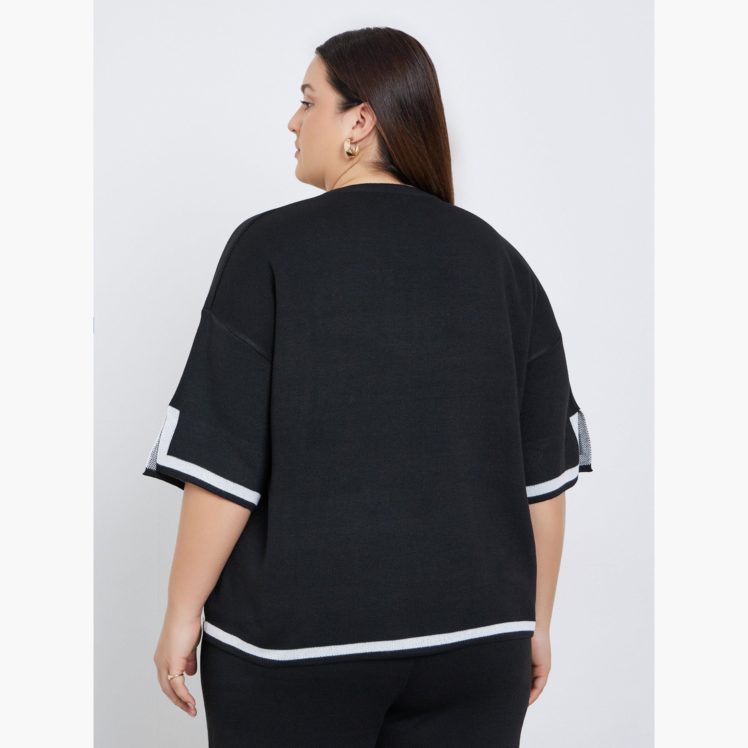 ستايلي - بلوزة محبوكة مربعة الشكل مع حواف متباينة وكتف منسدلة-women-clothing-shirtsandblouses-shirts-image-5
