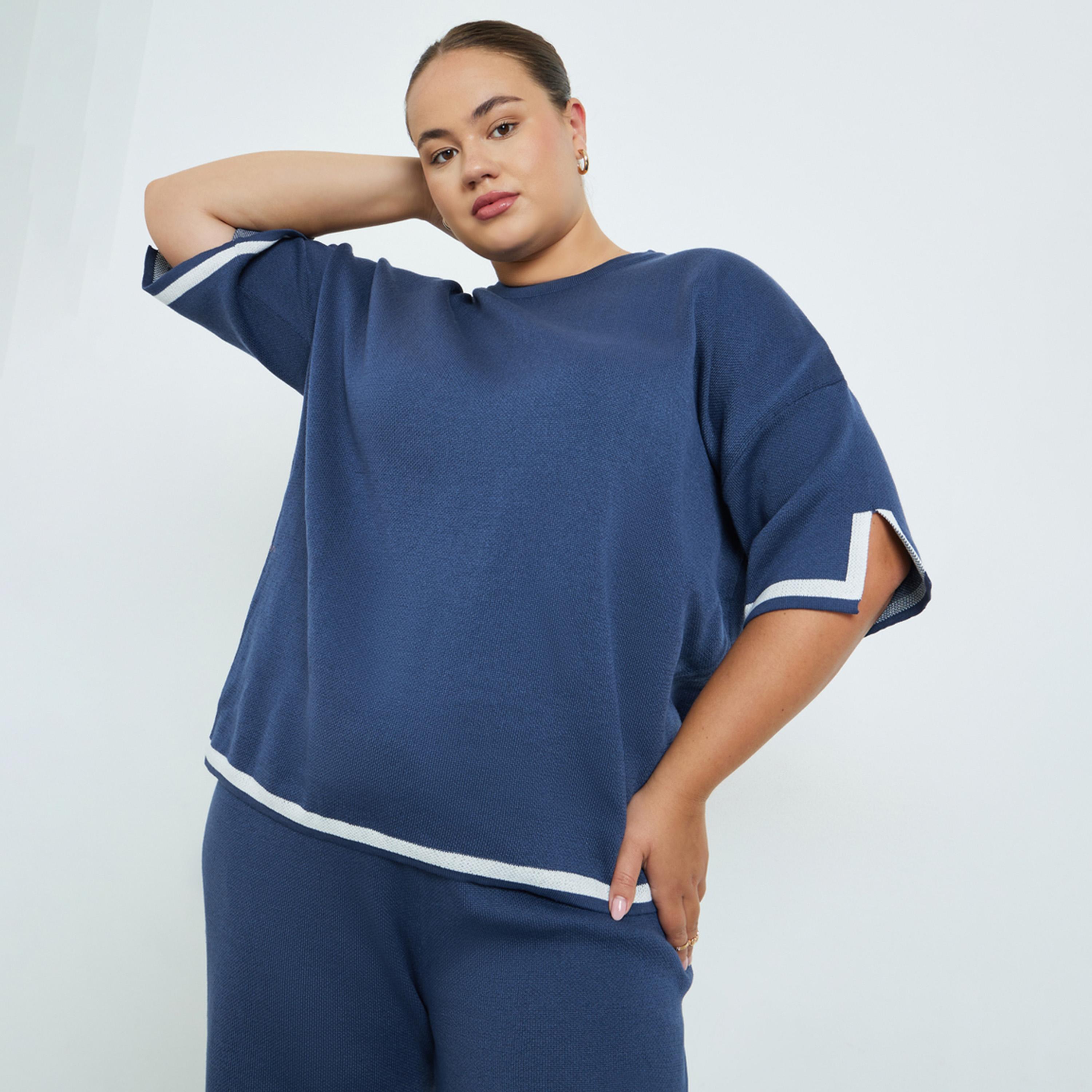 Styli Plus Size Navy Blue Short Sleeve Top-women-clothing-shirtsandblouses-shirts-image-1