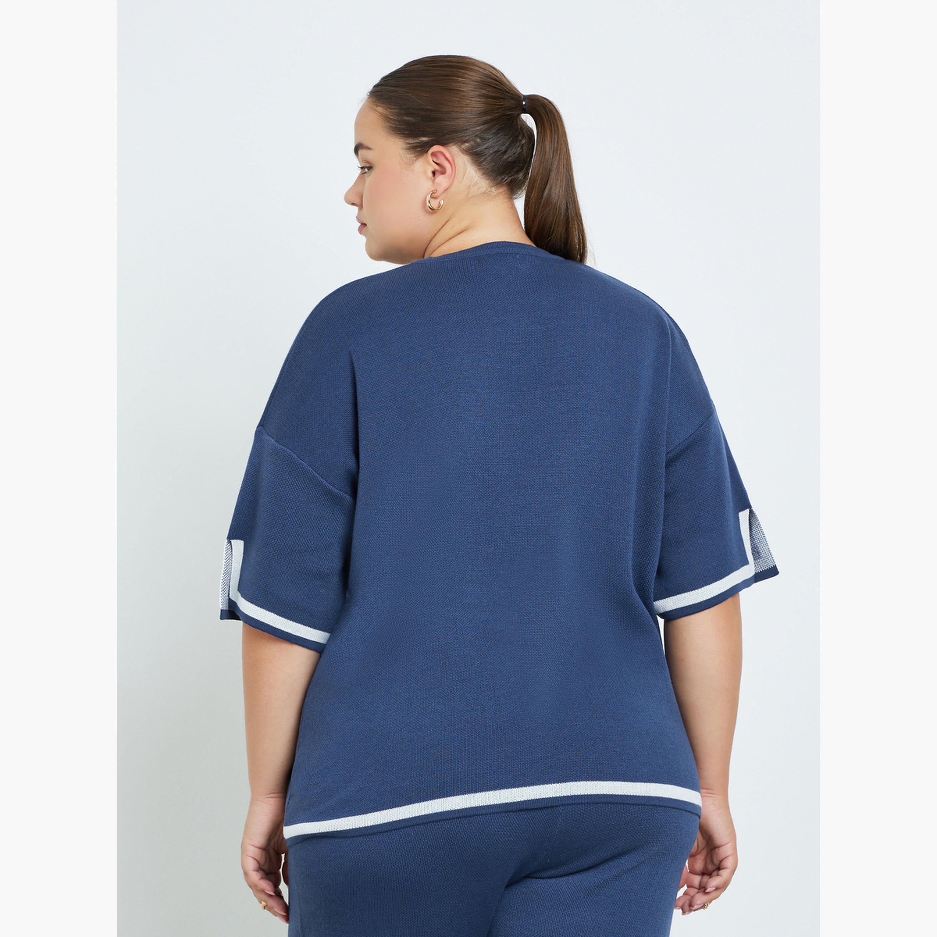 ستايلي - بلوزة زرقاء داكنة بأكمام قصيرة حجم كبير-women-clothing-shirtsandblouses-shirts-image-5